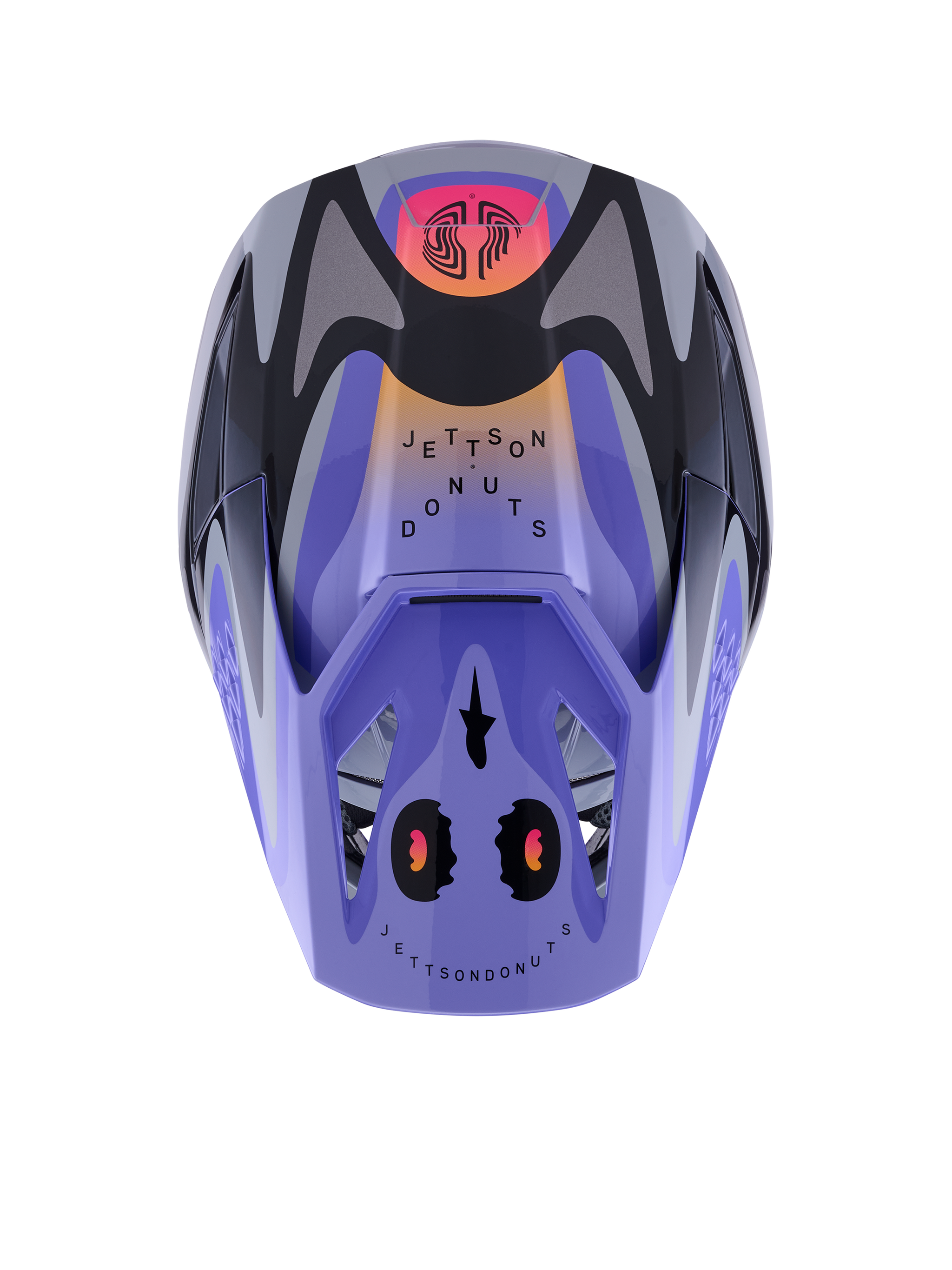 Alpinestars S-M3 Jettson helm, motorcrosshelm, grijs paars zwart glanzend met oranje en roze kleurverlopen, bovenaanzicht met 'Jettson Donuts' graphics en Alpinestars-logo op de klep, glanzende afwerking
