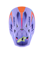 Alpinestars Supertech M10 Jett Lawrence R01 Helmet, Motocross Helmet, Purple with Pink and Orange graphics, top-down view showing ventilation ports and aerodynamic shell, neon yellow star logo on the visor, advanced carbon fiber construction for off-road racing