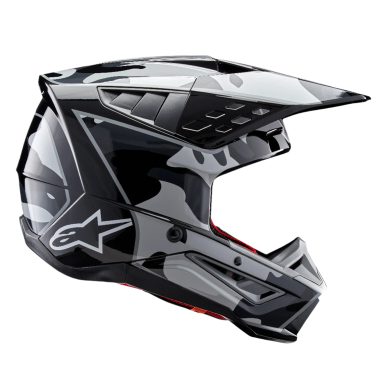 Alpinestars S-M5 Rover 2 Helmet ECE, Motocross Helmet, Black Silver Glossy, featuring a grey and black camouflage-inspired pattern, side profile view with Alpinestars logo and large peak visor, durable glossy finish for off-road racing