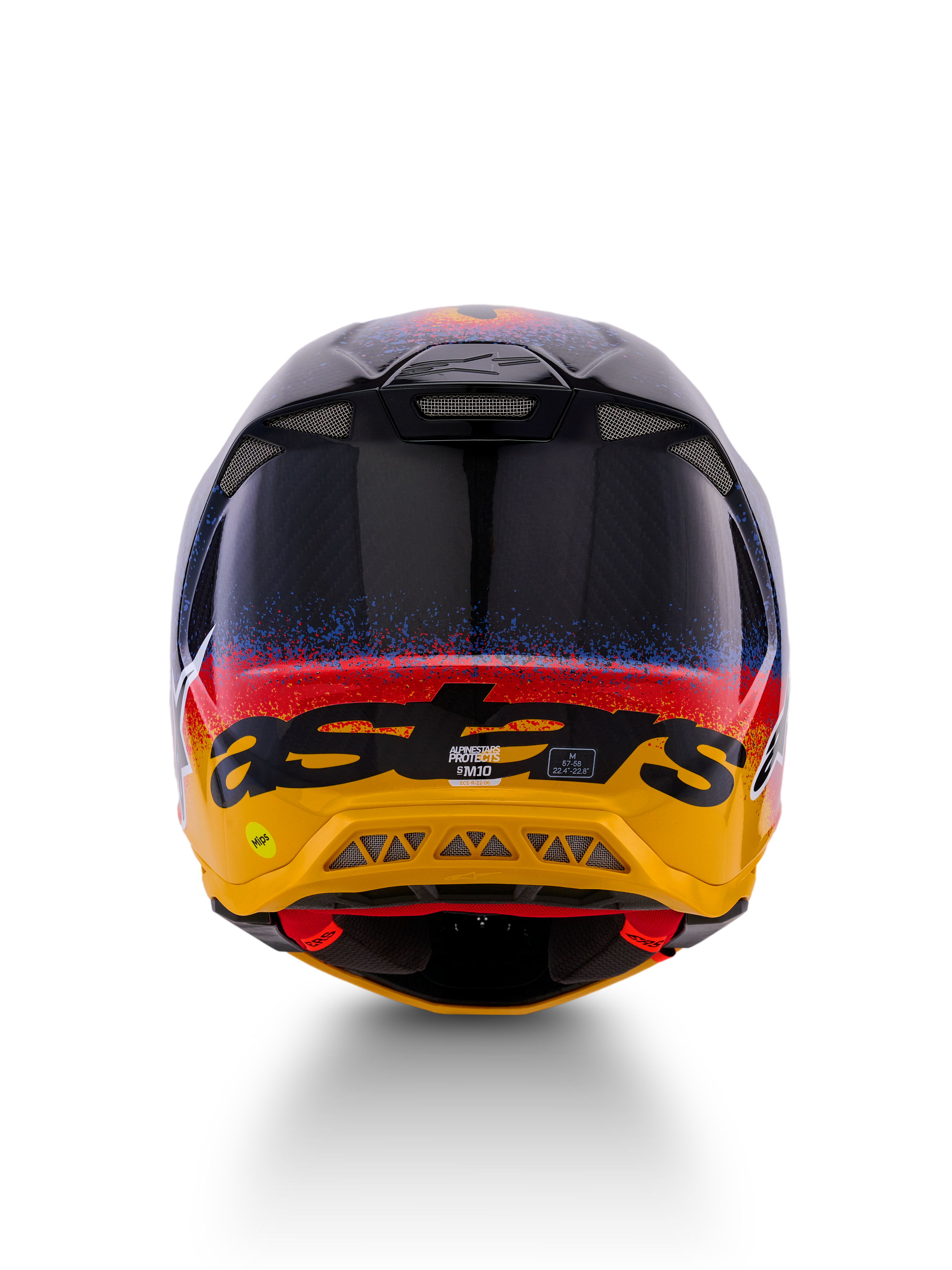 Alpinestars Limited Edition Supertech M10 Black Hole Helmet, Motocross Helmet, Rear View, featuring a Black Burst Glossy finish with blue and red splatter transitioning to a bright yellow base, black 'astars' branding, and visible exhaust vents for optimized airflow.