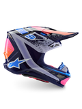 Alpinestars Limited Edition Supertech M10 Records Helmet, Motocross Helmet, Multicolor Glossy, featuring a navy blue base with vibrant pink, orange, and light blue Records graphics, side profile view showing the aerodynamic shell, visor, and ventilation ports.