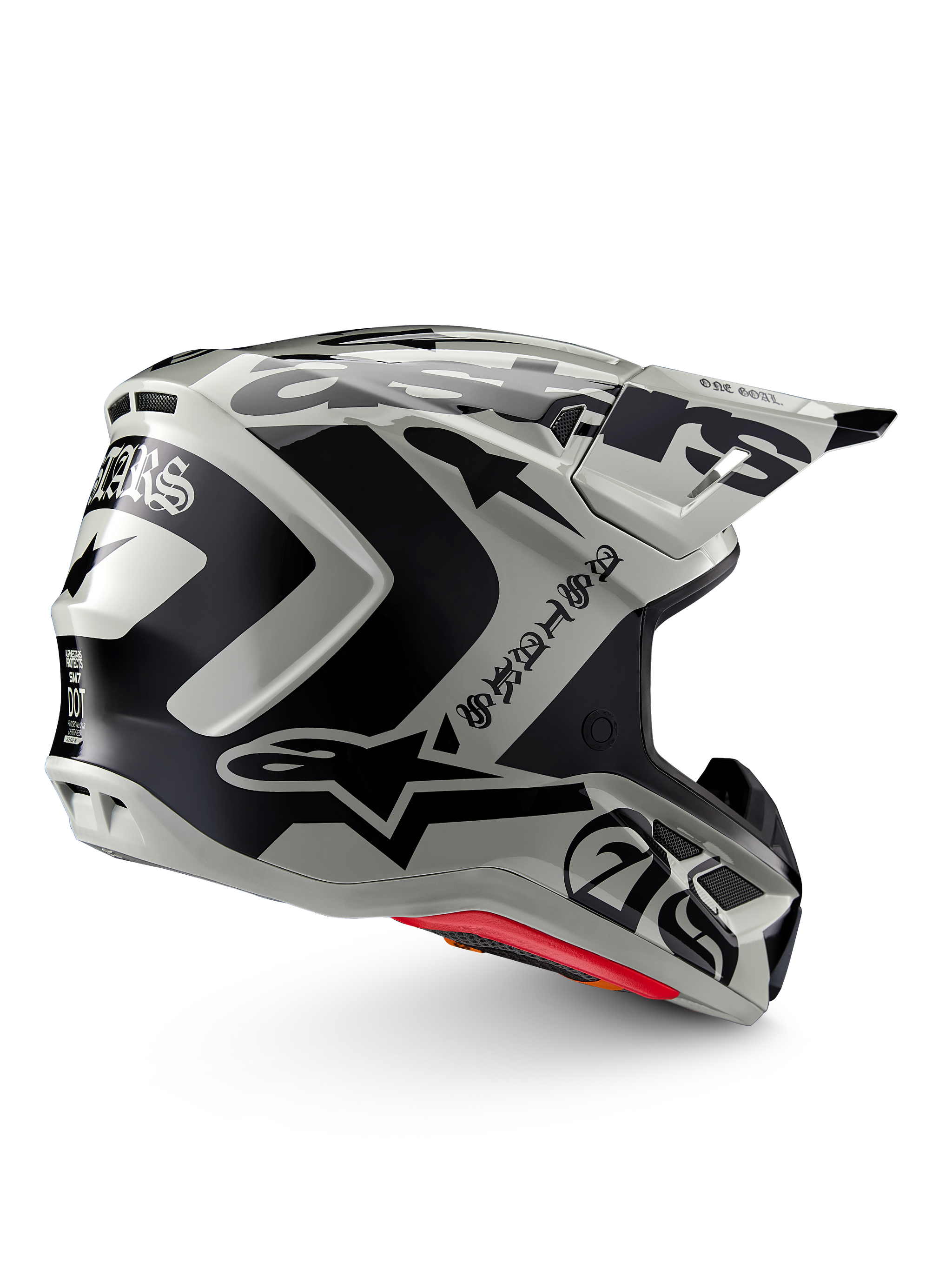 Alpinestars Limited Edition S-M7 Wolf Dust Helmet, Motocross Helmet, Dune Black Glossy, light gray shell with bold black Alpinestars graphics and Gothic-style text, streamlined aerodynamic design with multiple ventilation ports, red internal padding, high-performance off-road head protection