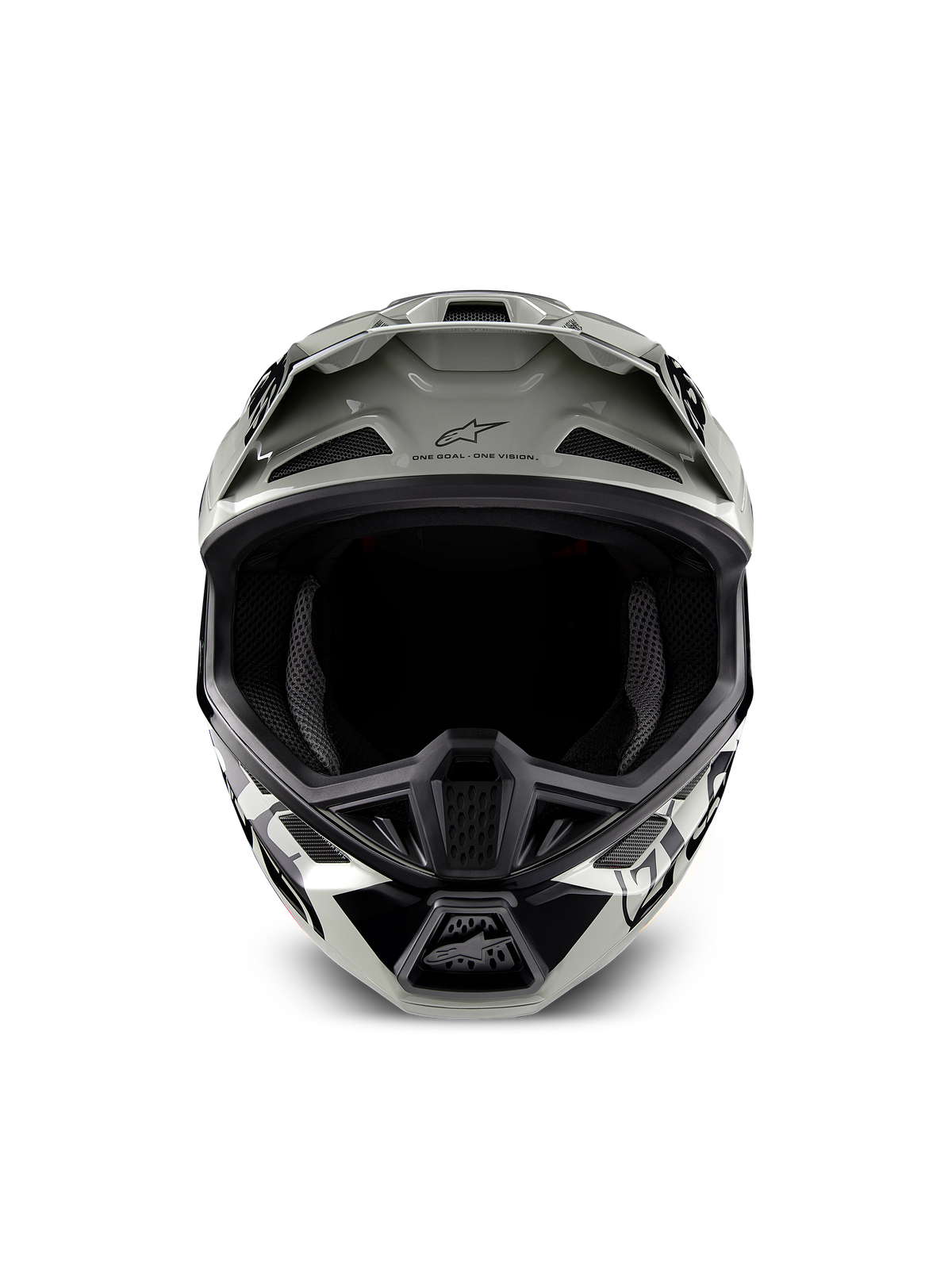 Alpinestars Limited Edition S-M7 Wolf Dust helm, motorcrosshelm, glanzend Dune Black met witte en zwarte graphics, vooraanzicht met de brede oogopening en meerdere ventilatie-inlaatpoorten, aerodynamische klep met Alpinestars-logo en 'One Goal One Vision' tekst, gespecialiseerde hoofdbescherming voor off-road racen