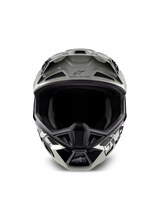 Alpinestars Limited Edition S-M7 Wolf Dust Helmet, Motocross Helmet, Dune Black Glossy with white and black graphics, front view showing the wide eye port and multiple ventilation intake ports, aerodynamic visor with Alpinestars logo and 'One Goal One Vision' text, specialized off-road racing head protection