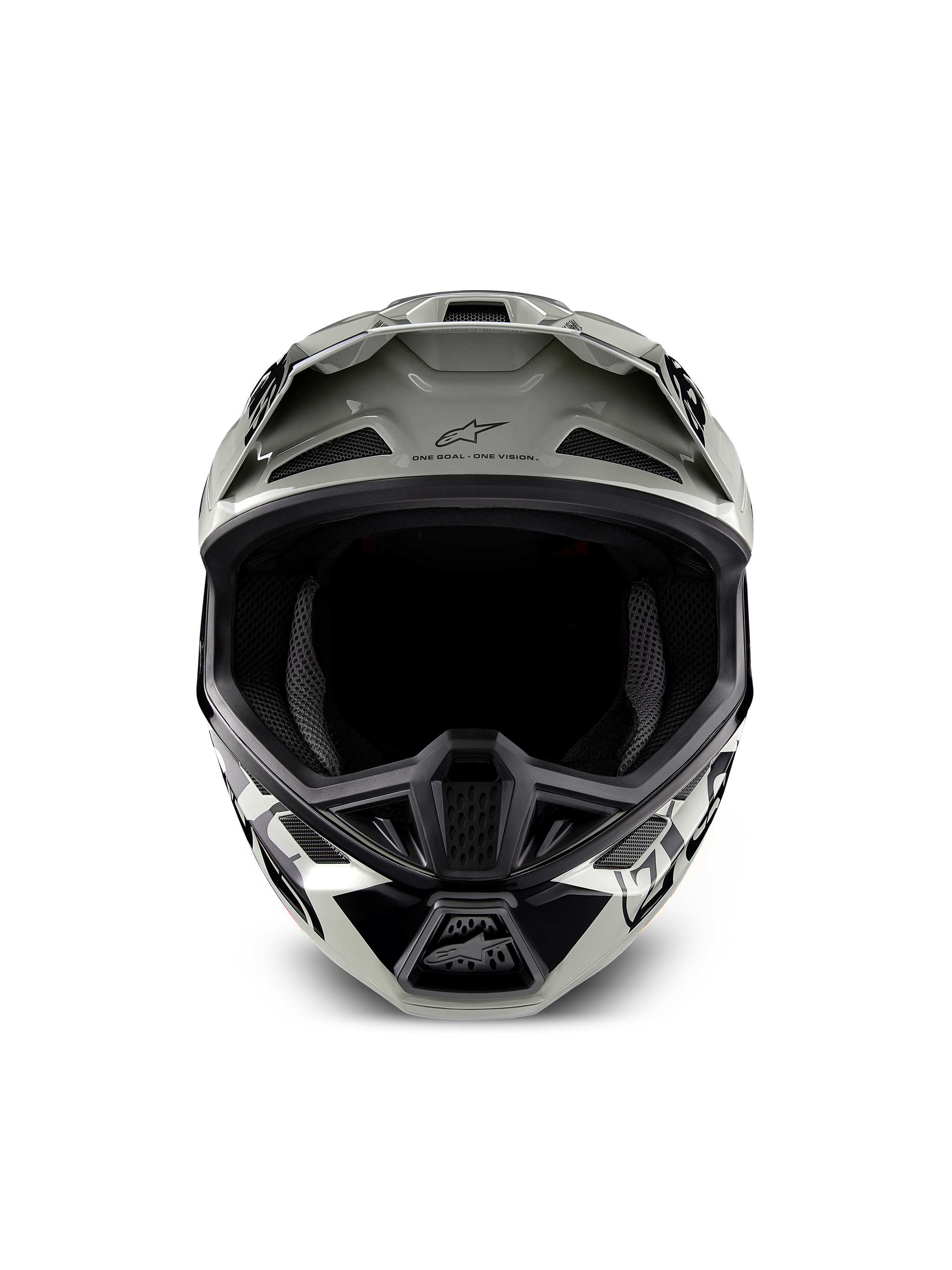 Alpinestars Limited Edition S-M7 Wolf Dust Helmet, Motocross Helmet, Dune Black Glossy with white and black graphics, front view showing the wide eye port and multiple ventilation intake ports, aerodynamic visor with Alpinestars logo and 'One Goal One Vision' text, specialized off-road racing head protection