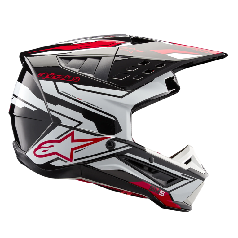 Alpinestars S-M5 Action 2 Helmet, Motocross Helmet, Black White and Bright Red Glossy, side profile view featuring an aerodynamic shell with ventilation ports, integrated visor, and bold branding for off-road racing