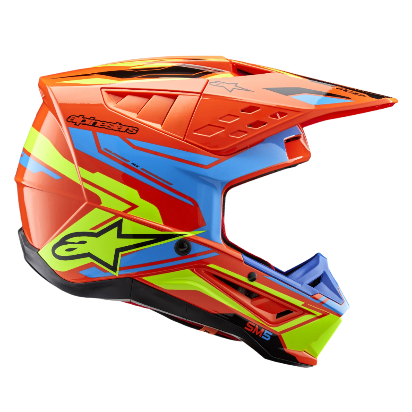 Alpinestars S-M5 Action 2 Helmet ECE, Motocross Helmet, Orange Fluo Cyan and Yellow Fluo, side profile view featuring vibrant glossy graphics, Alpinestars star logo, multiple air vents, and an aerodynamic peak visor.
