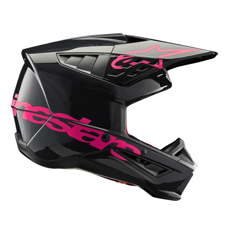 Alpinestars S-M5 Corp Helmet ECE, Motocross Helmet, Black Diva Pink Glossy, side profile view, glossy black shell with vibrant pink branding and logos, featuring integrated ventilation ports and a contoured visor for off-road racing.