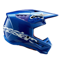Alpinestars S-M5 Corp Helmet ECE, Blue Glossy motocross helmet, side profile view, bold white Alpinestars branding across the side, purple accents in ventilation ports, lightweight aerodynamic shell for off-road performance