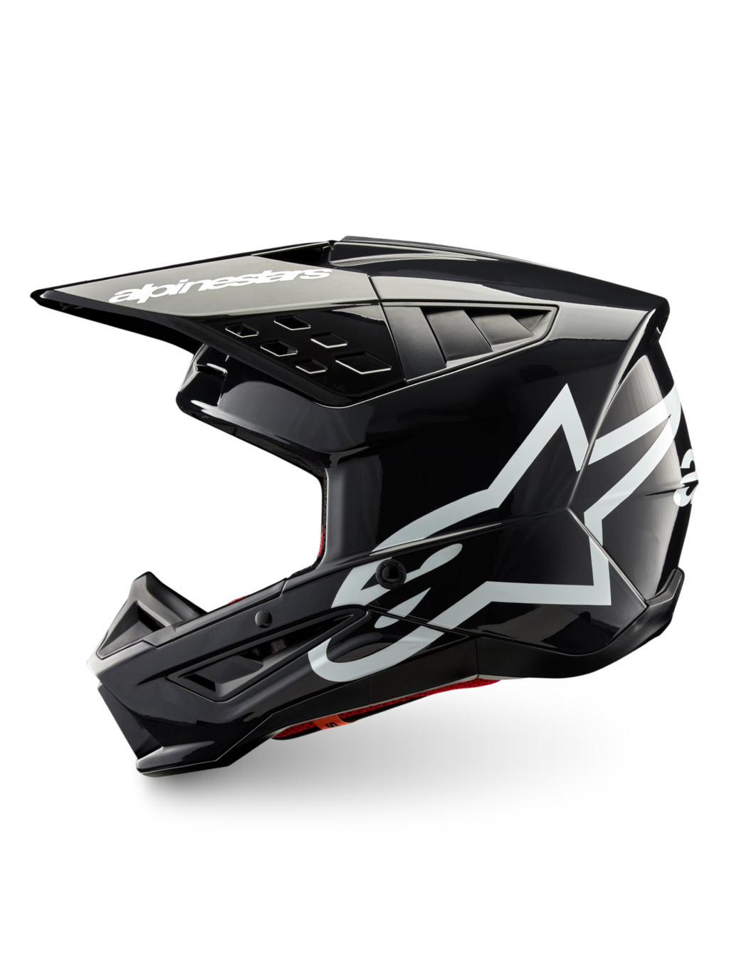 Alpinestars S-M5 Corp helm, donkergrijs glanzende motocrosshelm met witte logo's, ECE 22.06-gecertificeerd voor off-road rijden.