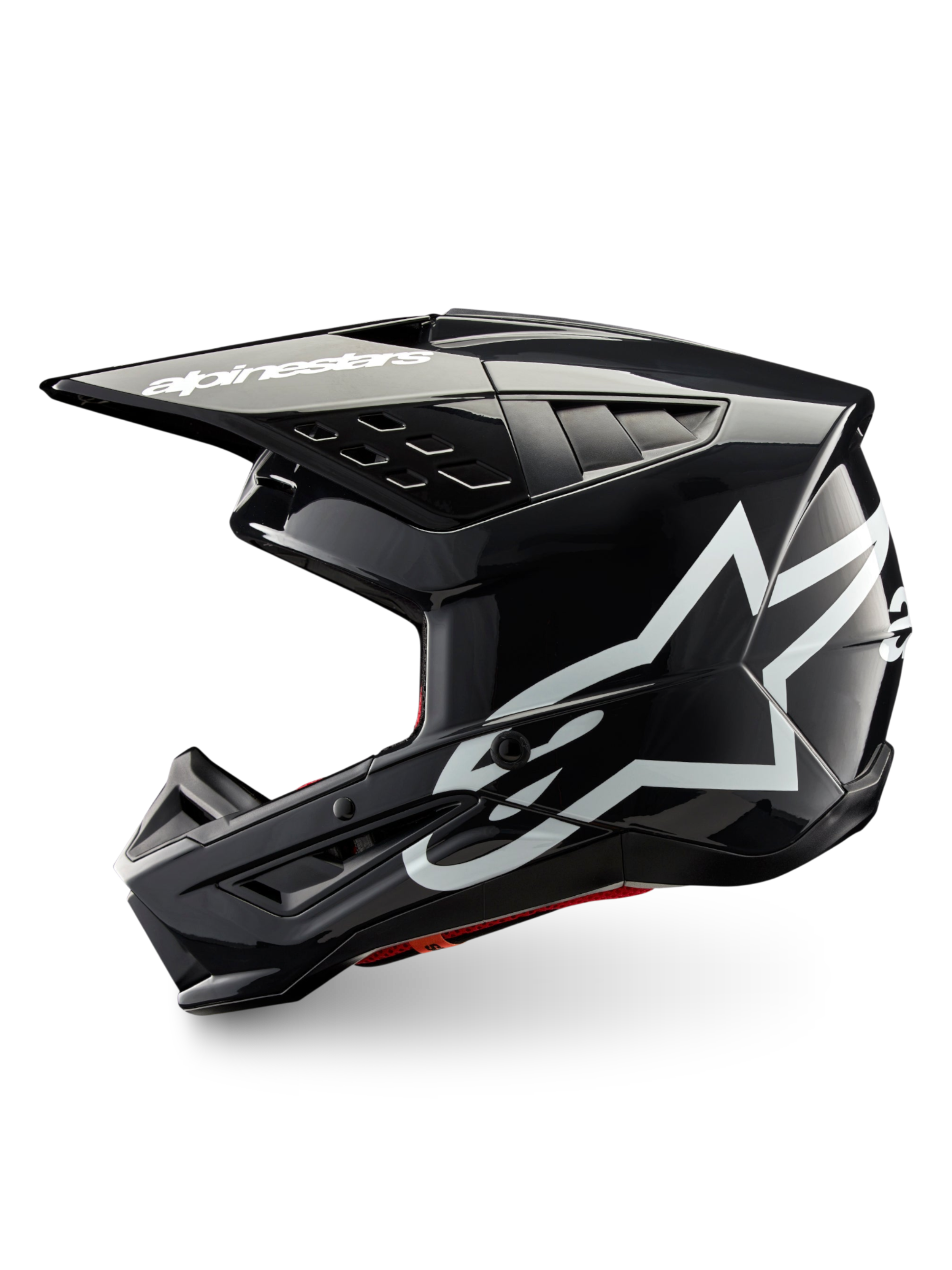 Alpinestars S-M5 Corp helm, donkergrijs glanzende motocrosshelm met witte logo's, ECE 22.06-gecertificeerd voor off-road rijden.