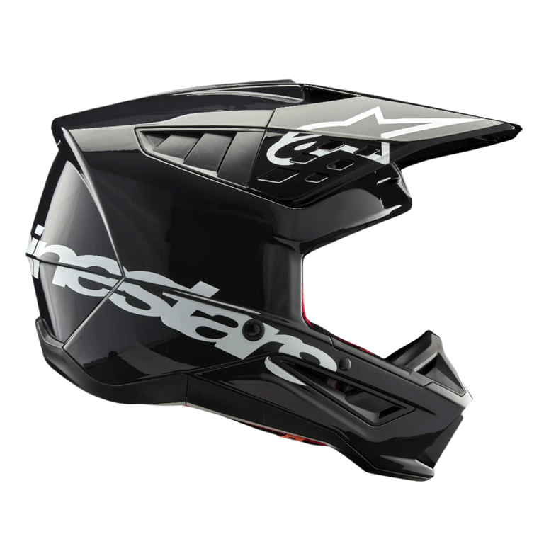 Alpinestars S-M5 Corp Helmet, Motocross Helmet, Dark Gray Glossy finish with bold white Alpinestars branding on the side and star logo on the visor, angular shell design with integrated ventilation ports, protective gear for off-road racing