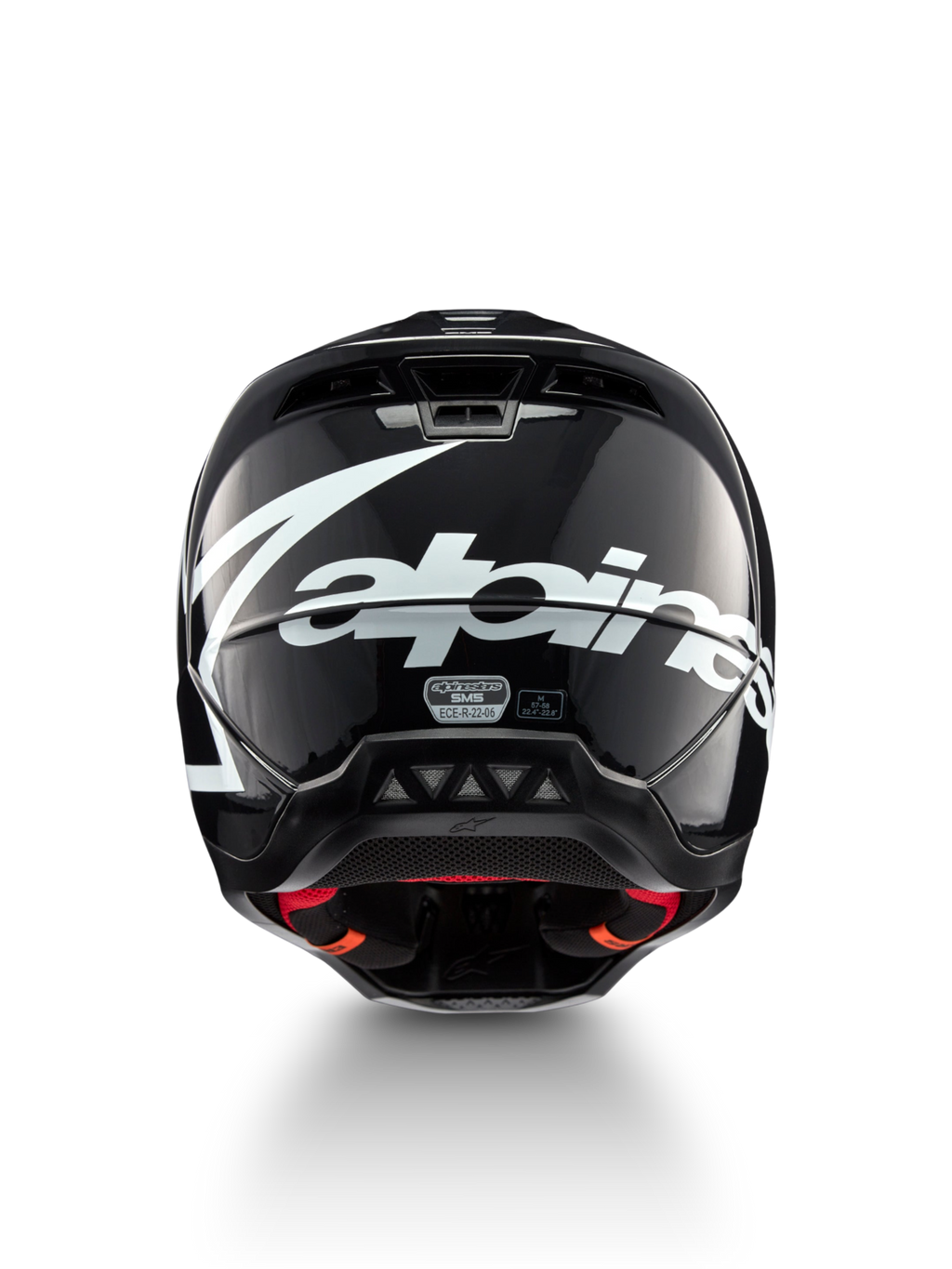 Alpinestars S-M5 Corp helm, motocrosshelm, donkergrijs glanzend en wit, achteraanzicht met groot logo, ECE 22.06-gecertificeerd