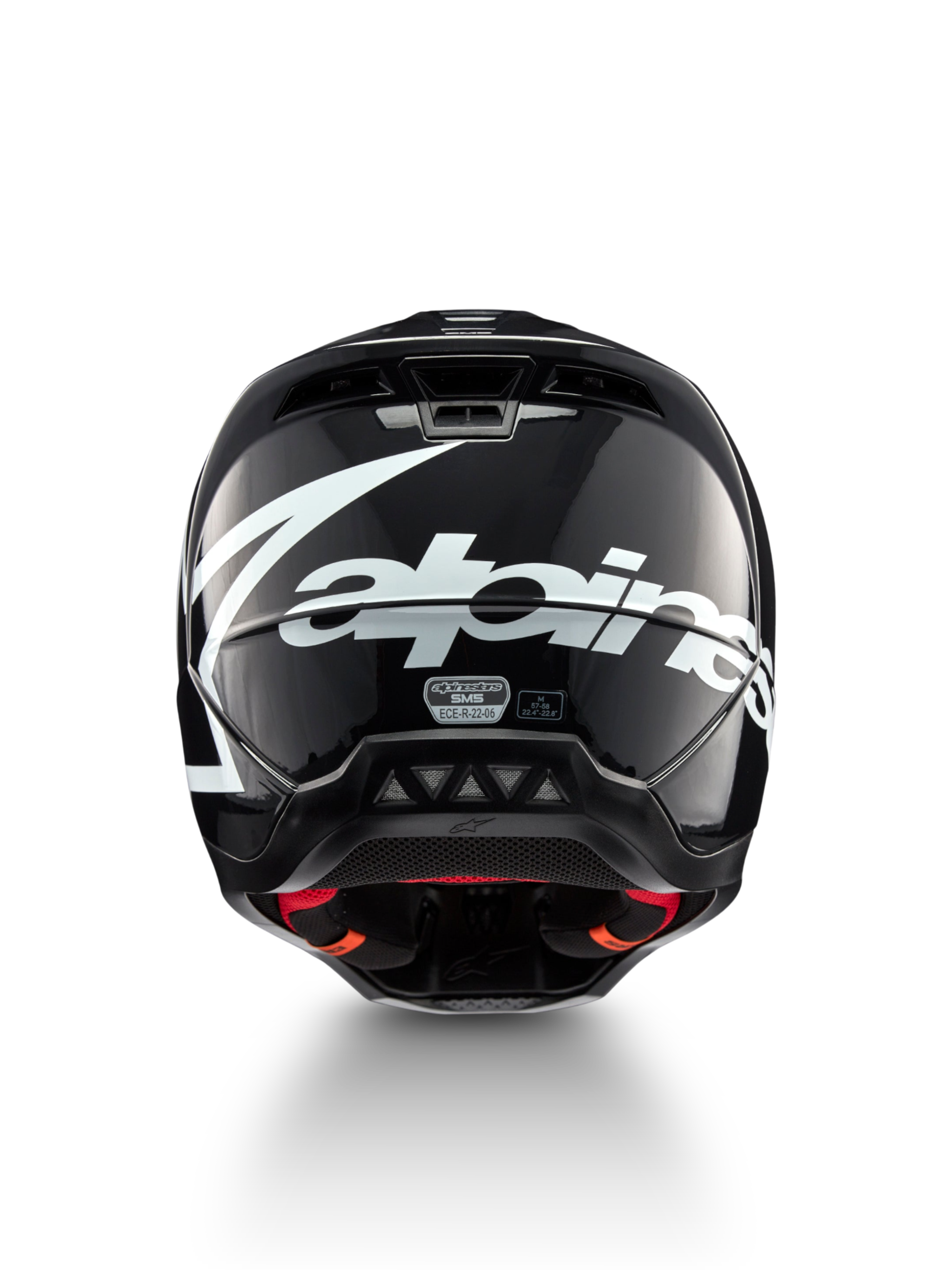 Alpinestars S-M5 Corp helm, motocrosshelm, donkergrijs glanzend en wit, achteraanzicht met groot logo, ECE 22.06-gecertificeerd