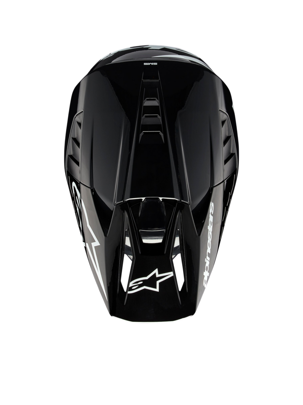 Alpinestars S-M5 Corp motocrosshelm, donkergrijs glanzend, ECE 22.06-gecertificeerd, bovenaanzicht met ventilatie.