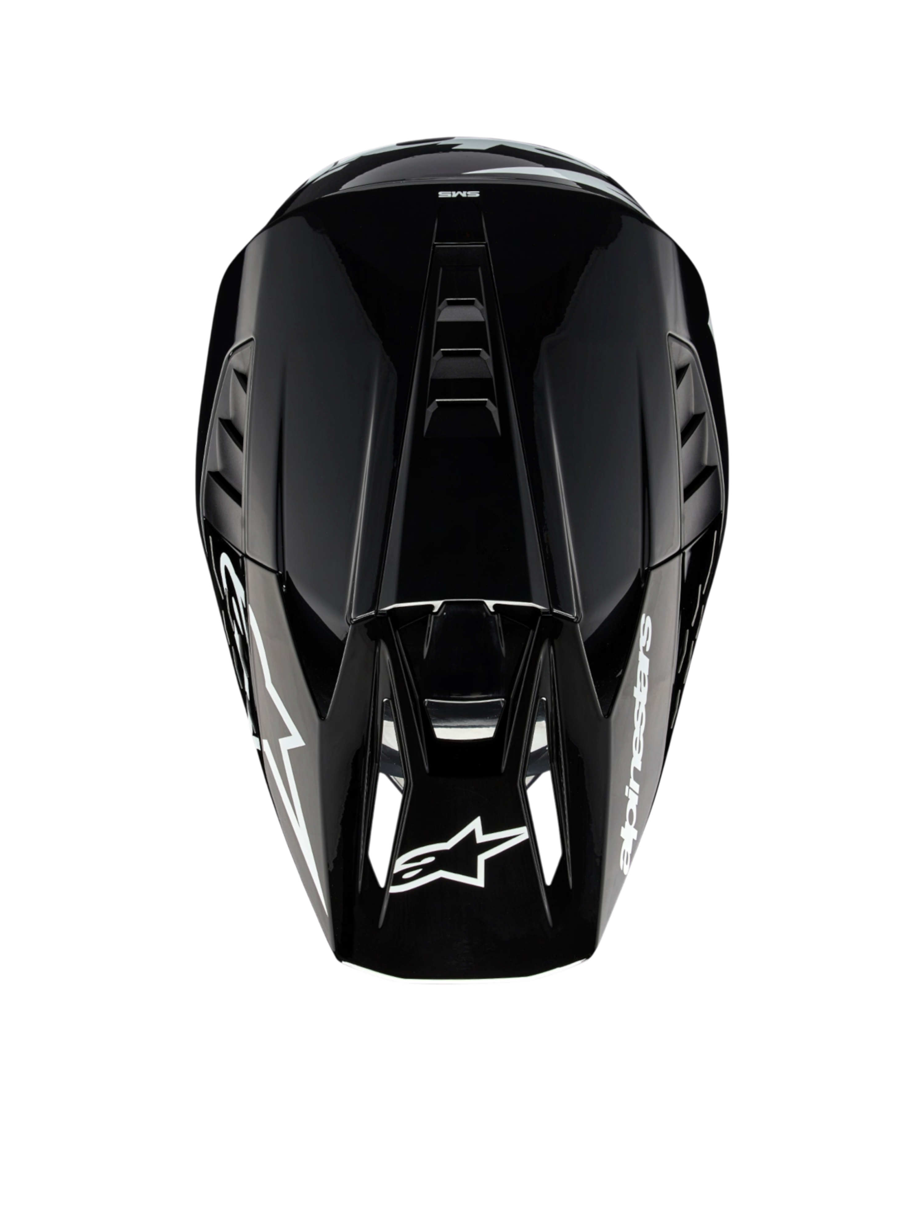 Alpinestars S-M5 Corp motocrosshelm, donkergrijs glanzend, ECE 22.06-gecertificeerd, bovenaanzicht met ventilatie.