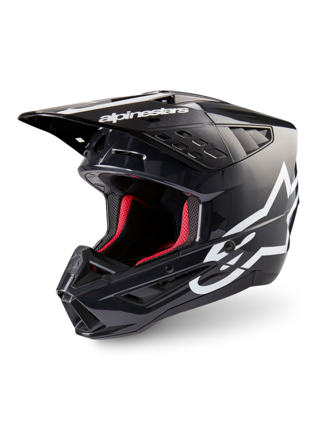 Alpinestars S-M5 Corp helm, motocrosshelm, donkergrijs glanzend en wit, rode binnenvoering, ECE 22.06-gecertificeerd