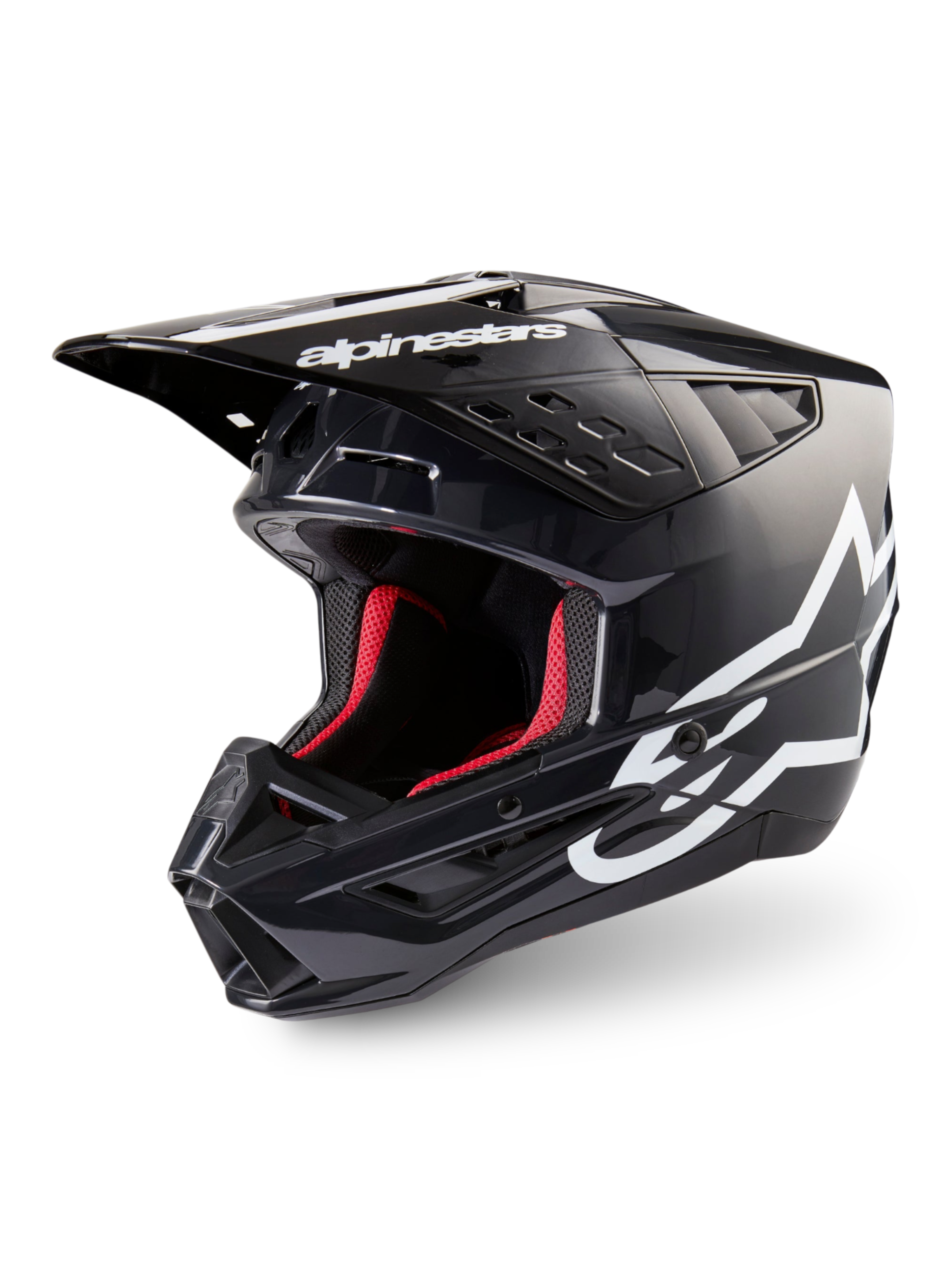 Alpinestars S-M5 Corp helm, motocrosshelm, donkergrijs glanzend en wit, rode binnenvoering, ECE 22.06-gecertificeerd