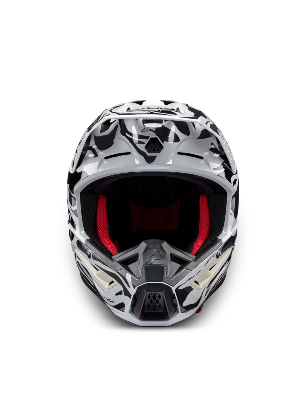 Alpinestars S-M5 Mineral helm, motocrosshelm in koel grijs en zwart, ECE 22.06 gecertificeerd met rode binnenvoering.