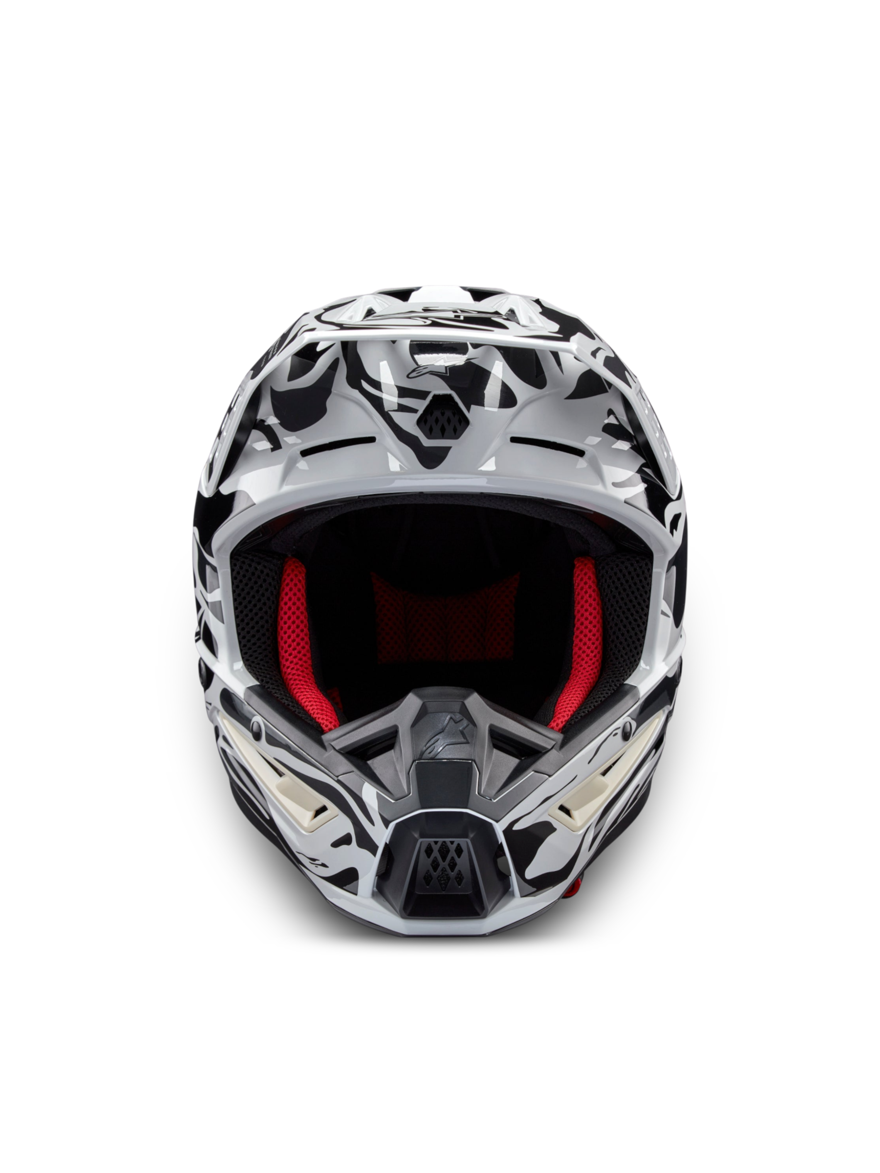 Alpinestars S-M5 Mineral helm, motocrosshelm in koel grijs en zwart, ECE 22.06 gecertificeerd met rode binnenvoering.