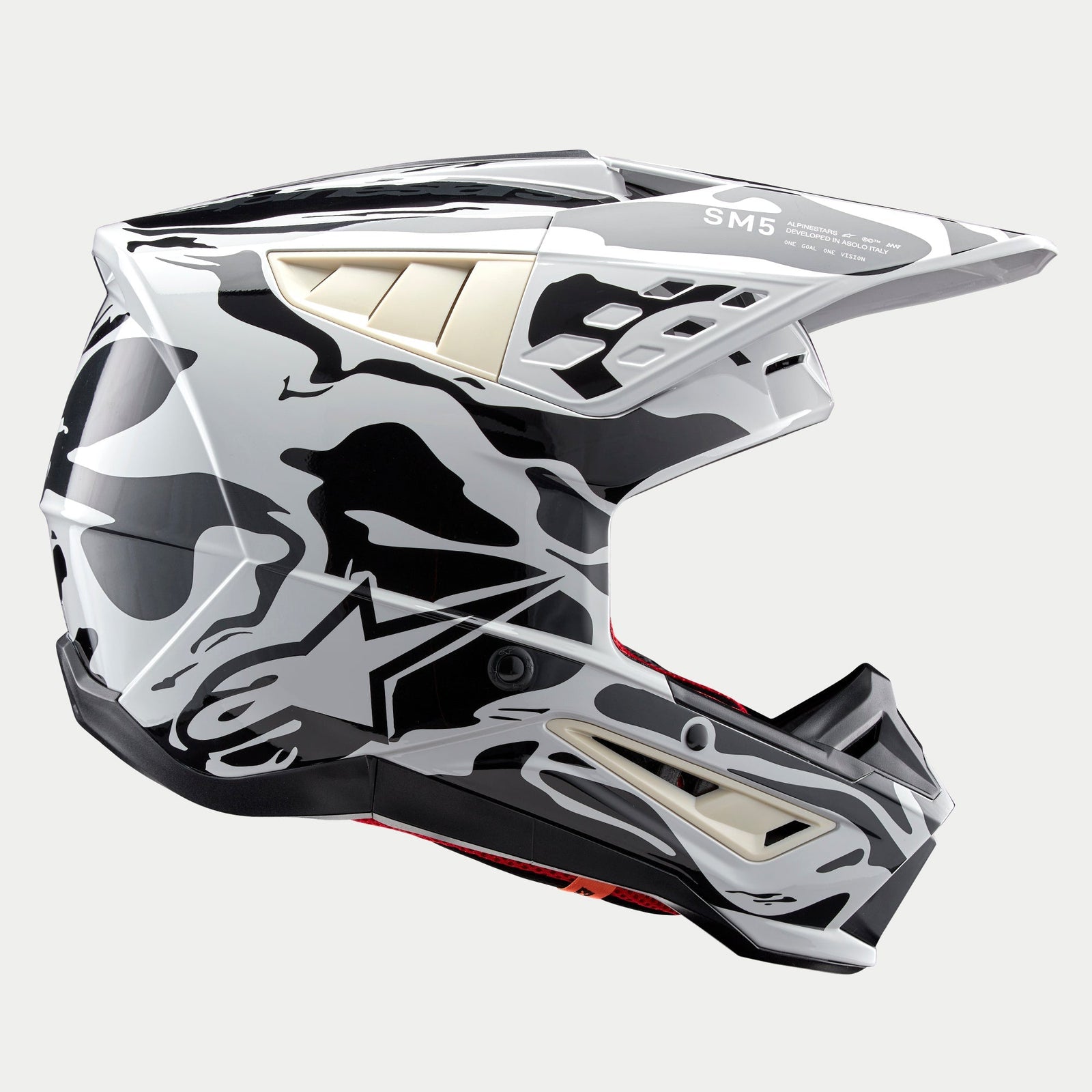 Alpinestars S-M5 Mineral helm, motorcrosshelm, Cool Gray en Dark Gray glanzend, voorzien van een Mineral grafisch patroon met witte en zwarte accenten, zijaanzicht, gestroomlijnd off-road beschermingsontwerp