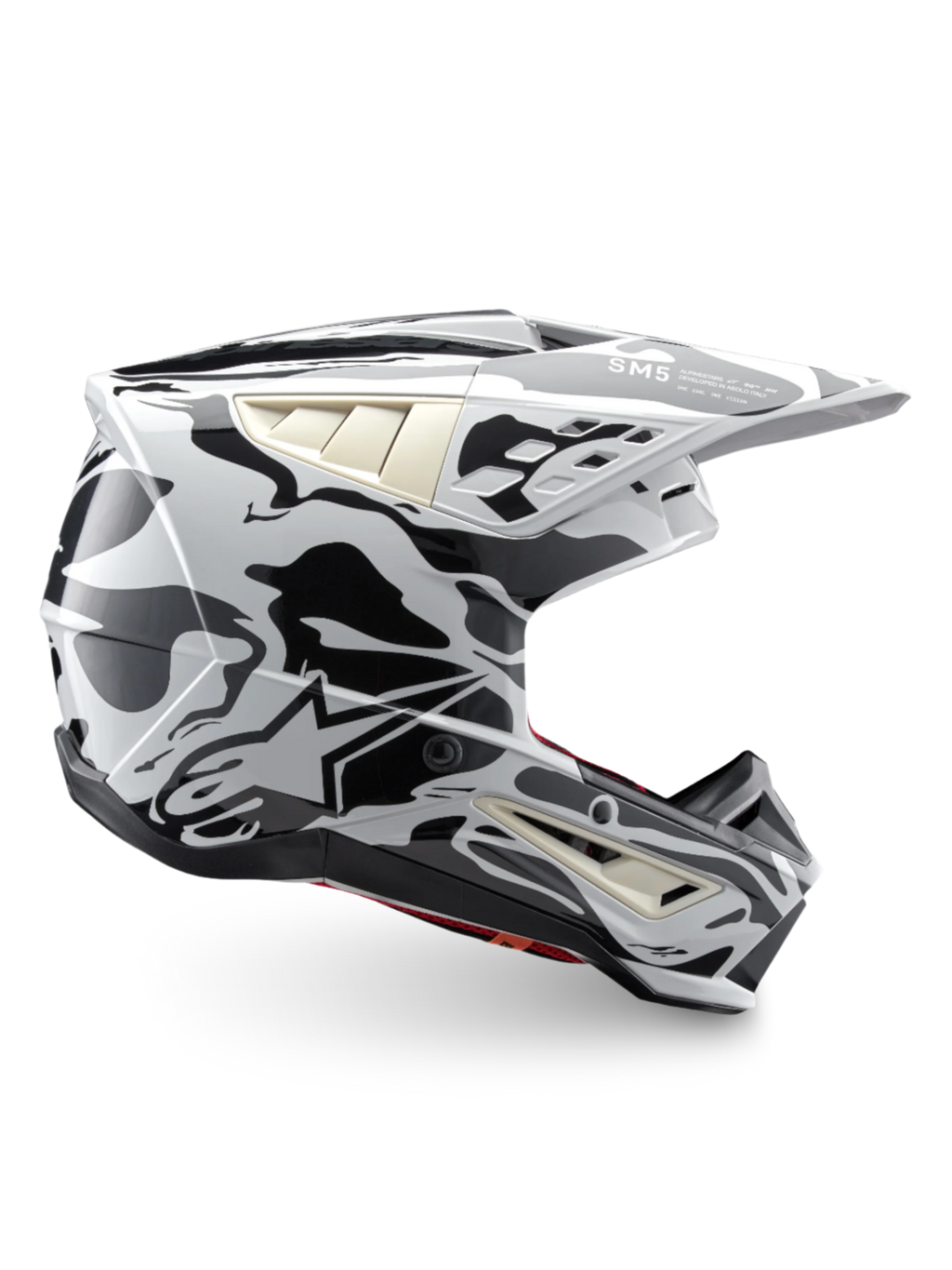 Alpinestars S-M5 Mineral ECE 22.06 helm, motorcrosshelm met grijze camouflageprint, lichtgewicht off-road design.