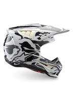 Alpinestars S-M5 Mineral ECE 22.06 helm, motorcrosshelm met grijze camouflageprint, lichtgewicht off-road design.