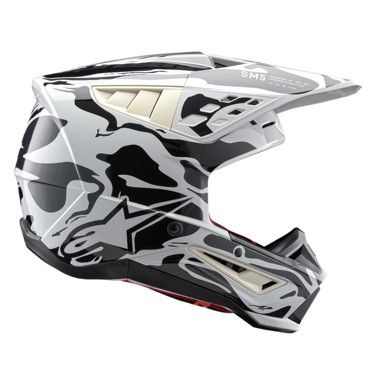 Alpinestars S-M5 Mineral Helmet ECE, Motocross Helmet, Cool Gray and Dark Gray Glossy, black and white mineral-inspired graphic pattern, side profile view showing aerodynamic visor and ventilation ports.