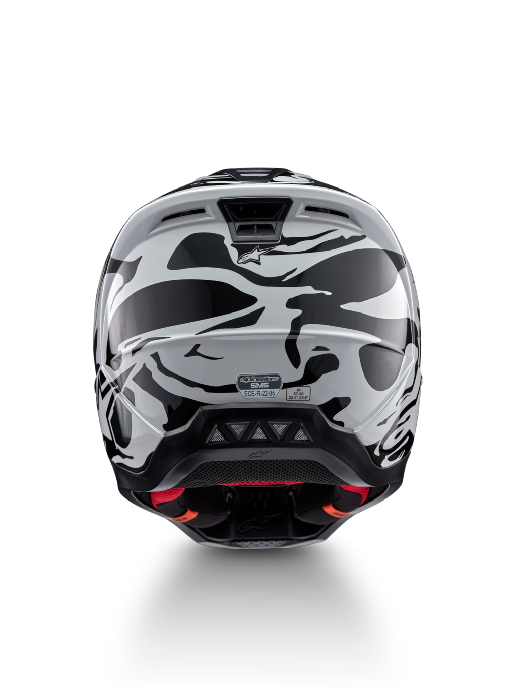 Alpinestars S-M5 Mineral motocrosshelm, koel grijs en donkergrijs, ECE 22.06-gecertificeerd, achteraanzicht met ventilatie.