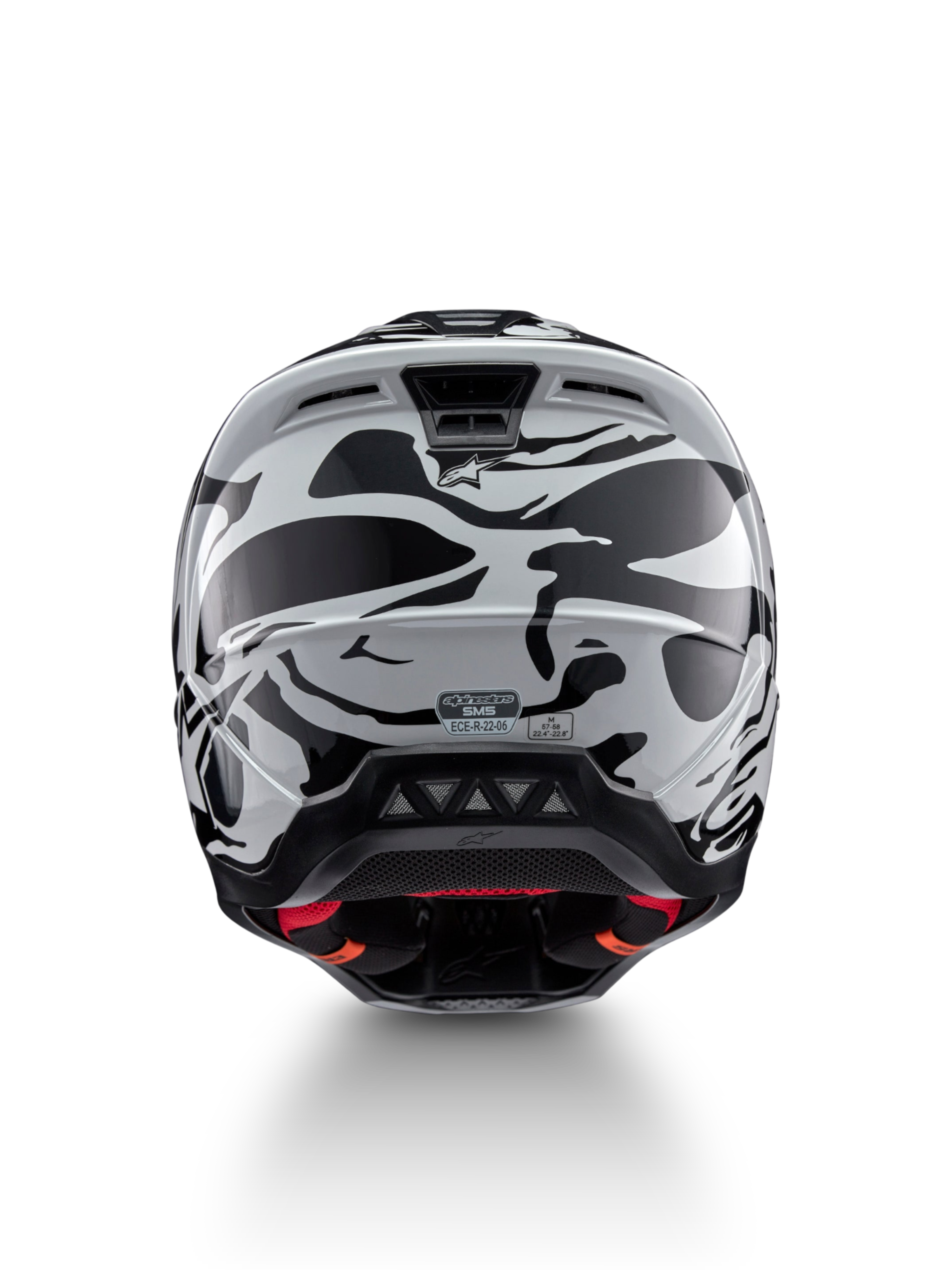 Alpinestars S-M5 Mineral motocrosshelm, koel grijs en donkergrijs, ECE 22.06-gecertificeerd, achteraanzicht met ventilatie.