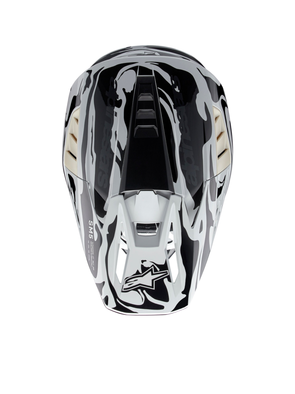 Alpinestars S-M5 Mineral ECE 22.06 helm, motocrosshelm voor off-road, koel grijs en donkergrijs glanzend, bovenaanzicht, CE-gecertificeerd