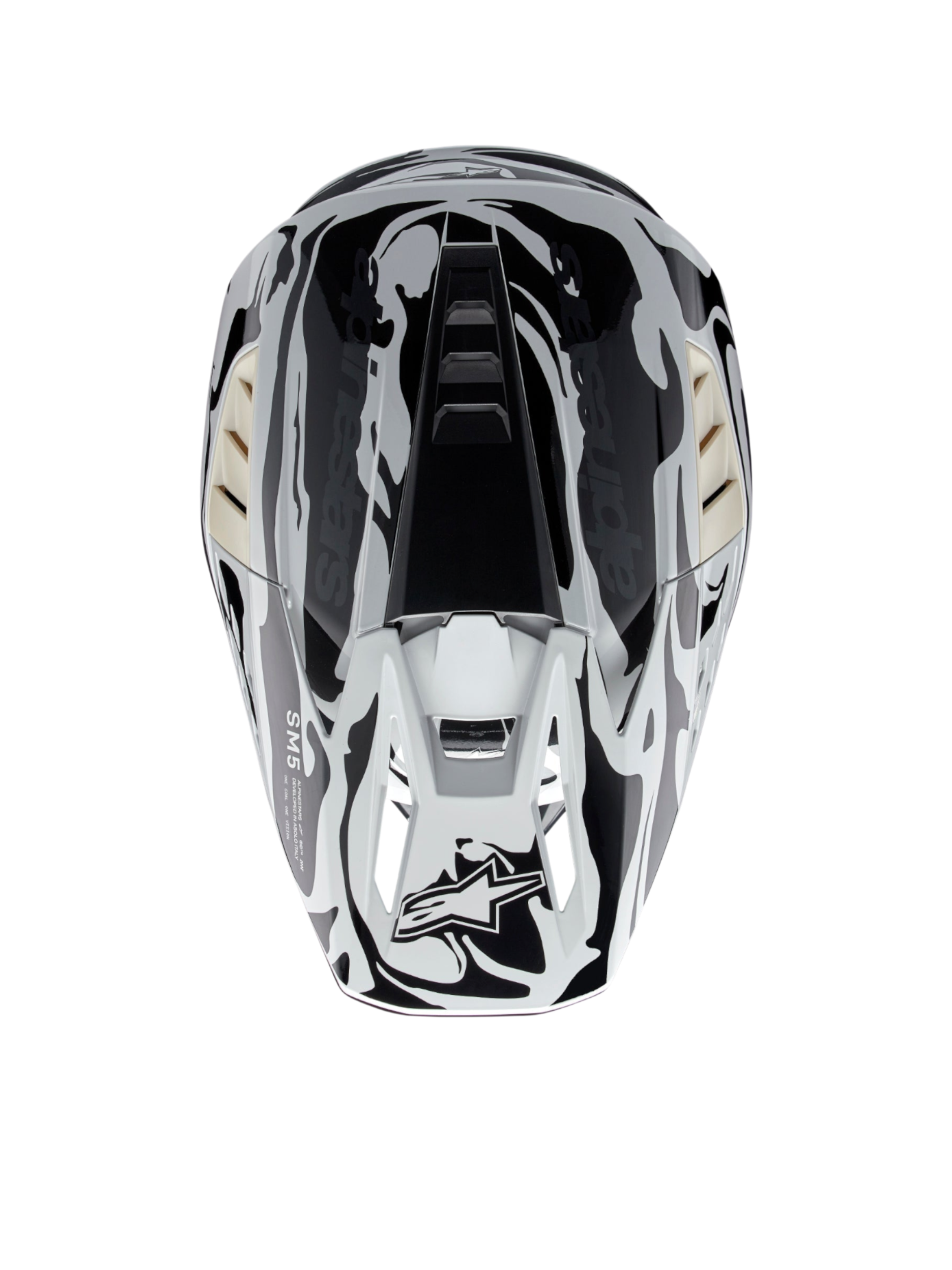 Alpinestars S-M5 Mineral ECE 22.06 helm, motocrosshelm voor off-road, koel grijs en donkergrijs glanzend, bovenaanzicht, CE-gecertificeerd