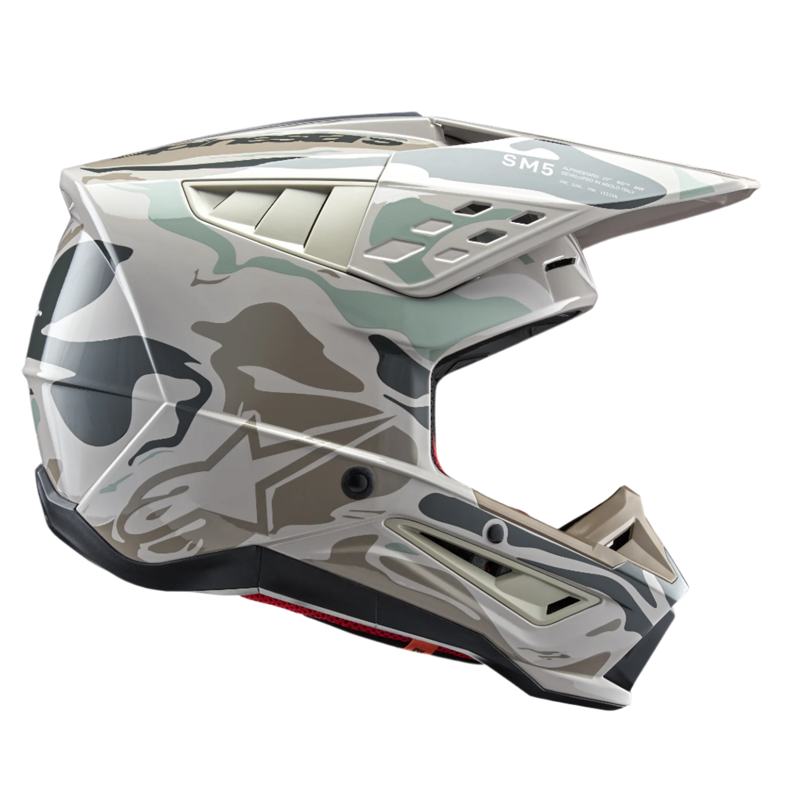 Alpinestars S-M5 Mineral ECE helm, motorcrosshelm, warm grijs en celadon groen glanzend, met een minerale grafische print in camouflage-stijl, zijprofiel met het aerodynamische vizier en ventilatieopeningen, glanzende afwerking voor off-road racen