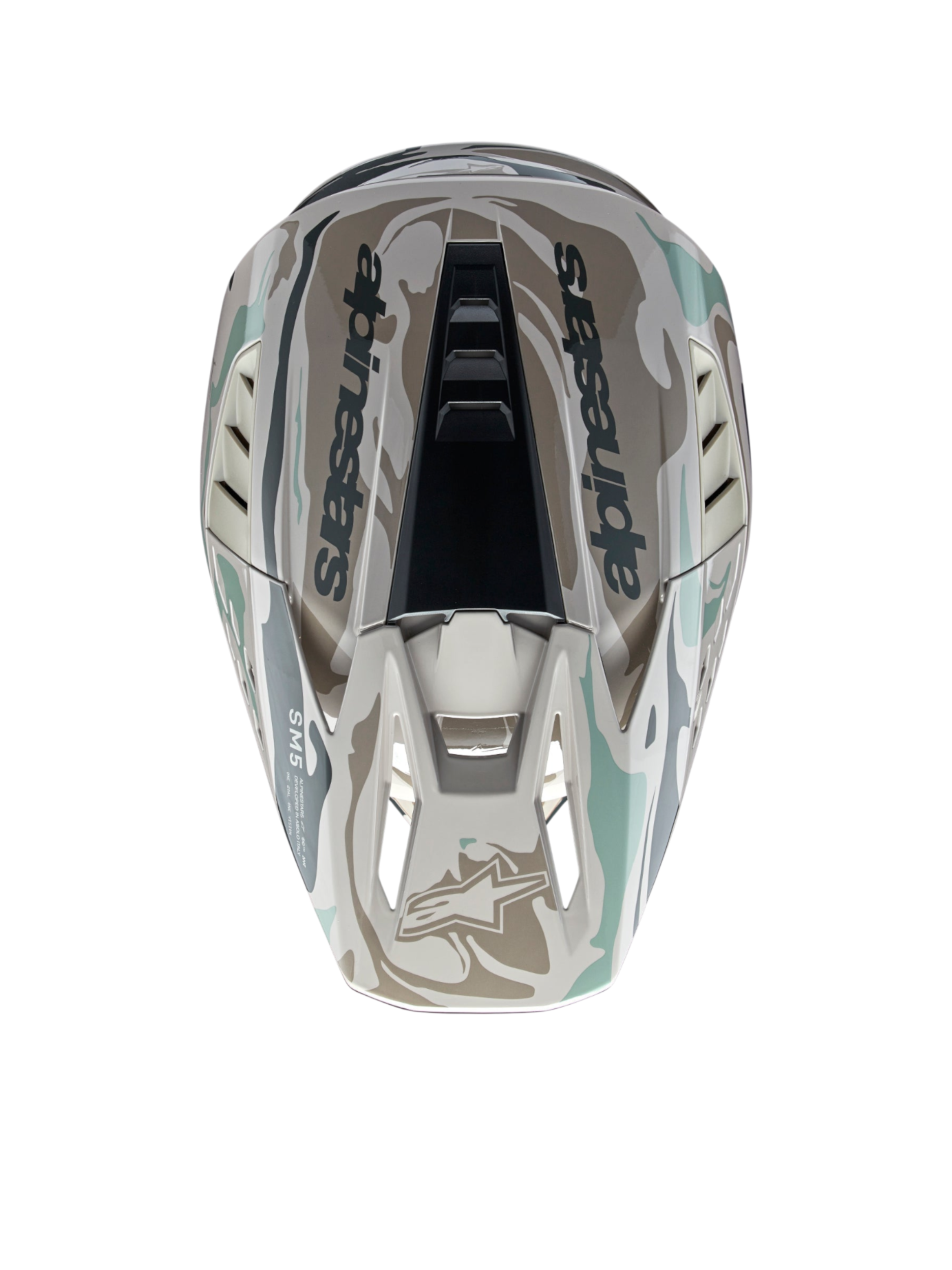 Alpinestars S-M5 Mineral helm, motorcrosshelm in warm grijs en celadon groen met glanzend camouflagepatroon, bovenaanzicht.