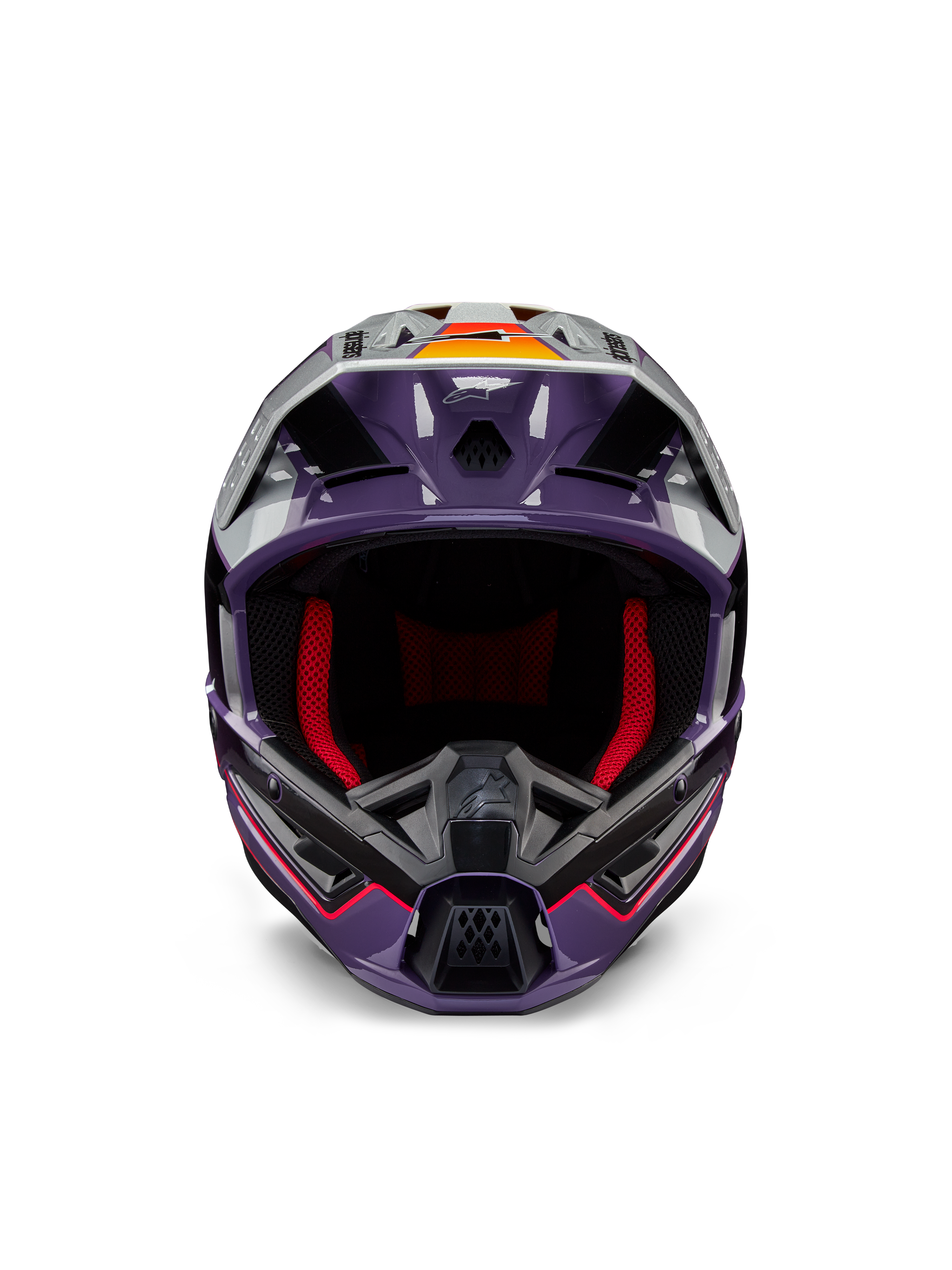 Alpinestars S-M5 Sail Helmet ECE, Motocross Helmet, Violet Black and Silver Glossy, front view featuring red interior padding, ventilated chin bar, and visor with orange accents, sleek aerodynamic shell for off-road protection