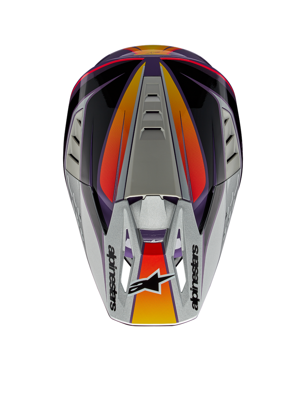 Alpinestars S-M5 Sail Helmet ECE, Motocross Helmet, Violet Black and Silver Glossy, top view showing silver peak with Alpinestars logo, orange and red gradient accents, streamlined shell with ventilation ports, high-performance off-road head protection