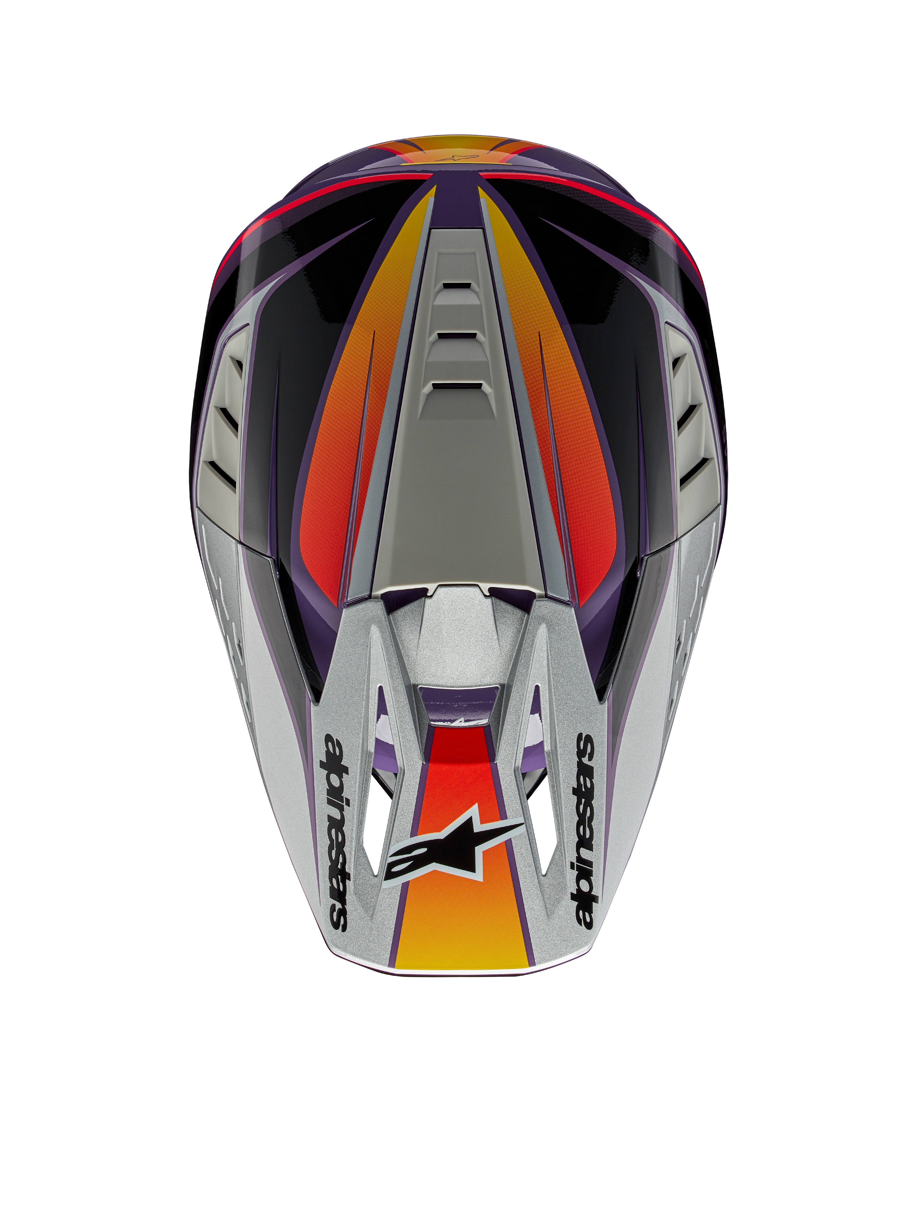 Alpinestars S-M5 Sail Helmet ECE, Motocross Helmet, Violet Black and Silver Glossy, top view showing silver peak with Alpinestars logo, orange and red gradient accents, streamlined shell with ventilation ports, high-performance off-road head protection