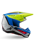 Alpinestars S-M5 Sail Helmet ECE, Motocross Helmet, Yellow Fluo, Enamel Blue, and Silver Glossy, side profile with red accents and black star logo, angular design with ventilation ports, professional off-road racing protection