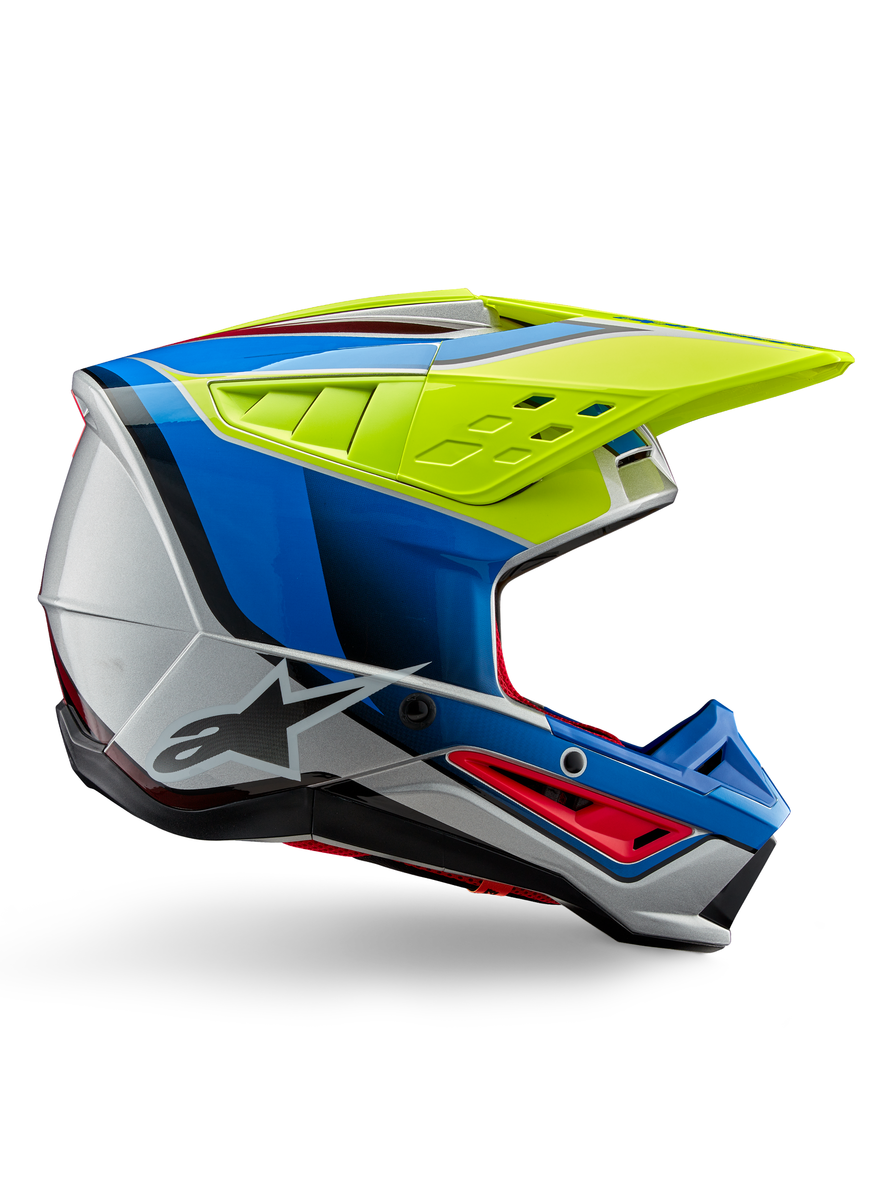 Alpinestars S-M5 Sail Helm ECE, motorcross helm, felgeel, enamel blauw en glanzend zilver, zijprofiel met rode accenten en zwart sterlogo, hoekig ontwerp met ventilatieopeningen, professionele off-road racebescherming