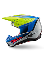 Alpinestars S-M5 Sail Helmet ECE, Motocross Helmet, Yellow Fluo Enamel Blue and Silver Glossy, side profile view, featuring a sleek aerodynamic design, vented visor, and prominent Alpinestars logo, high-performance head protection for off-road racing