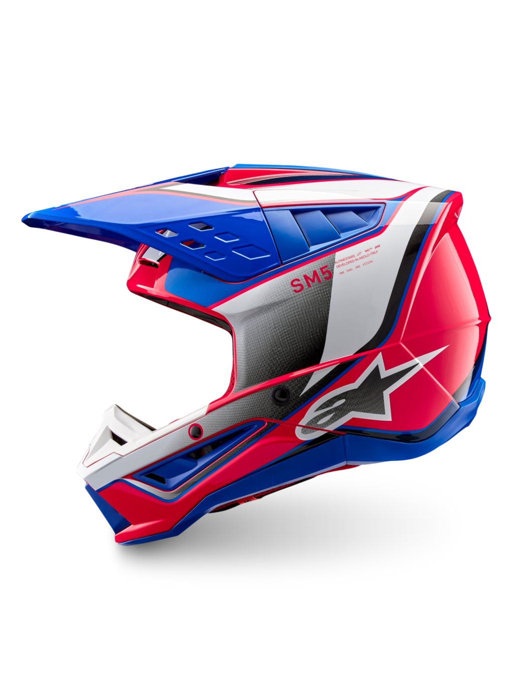 Alpinestars S-M5 Sail ECE 22.06 helm, glanzende blauwe en roze off-road motocrosshelm met geavanceerde ventilatie.