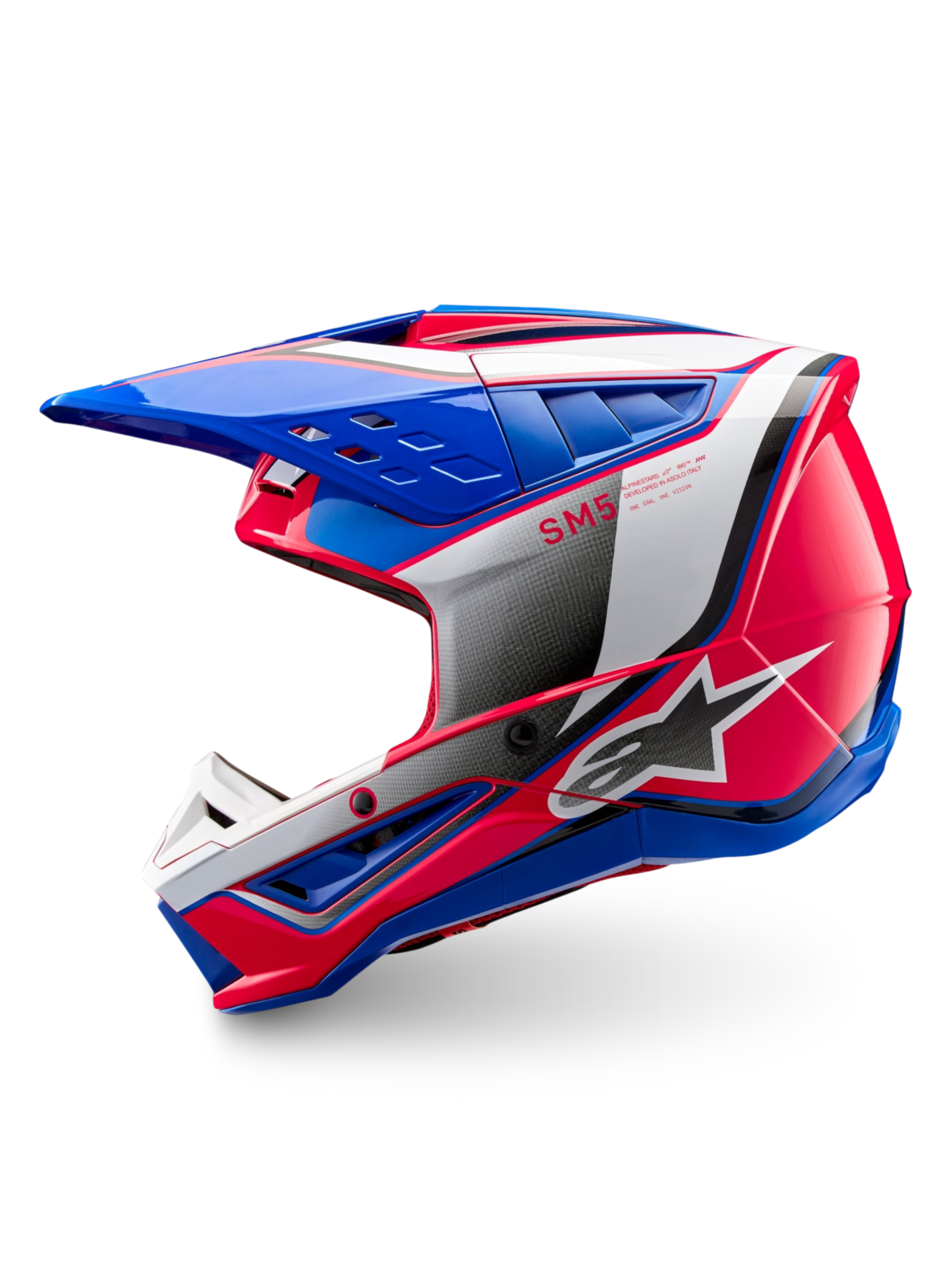Alpinestars S-M5 Sail ECE 22.06 helm, glanzende blauwe en roze off-road motocrosshelm met geavanceerde ventilatie.