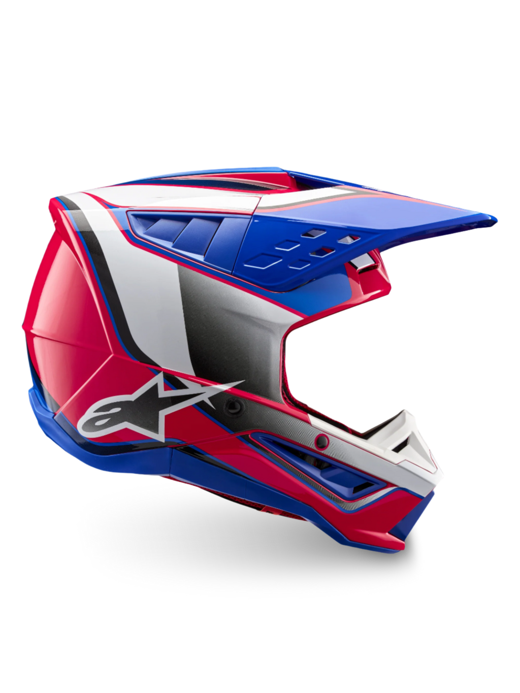 Alpinestars S-M5 Sail helm, ECE 22.06 motorcrosshelm in wit, diva roze en email blauw, glanzende afwerking.