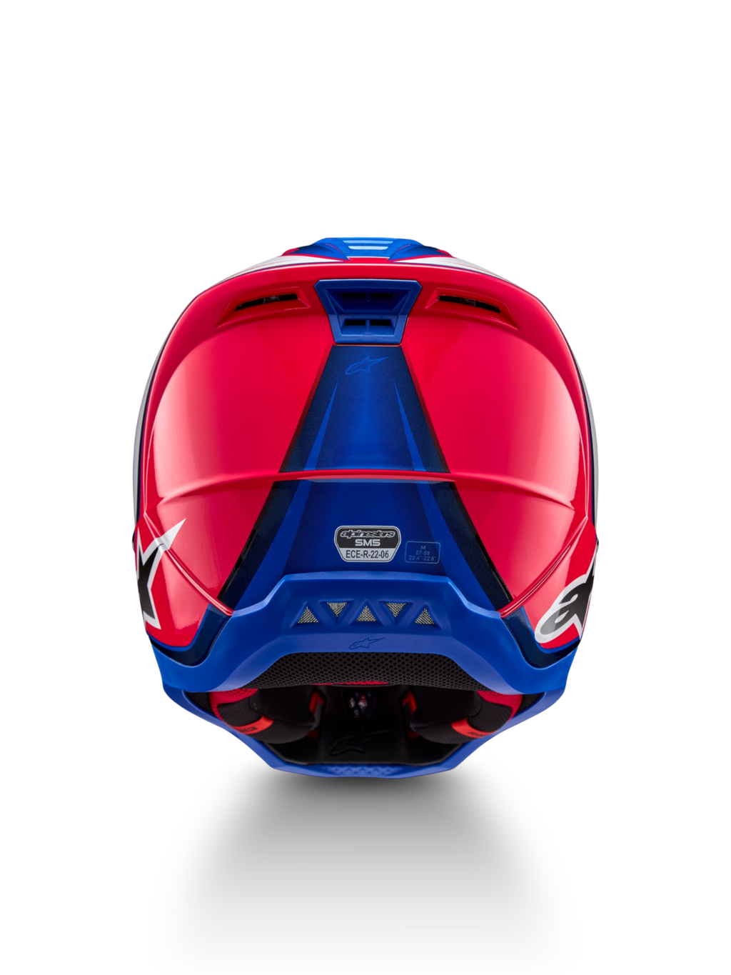 Alpinestars S-M5 Sail ECE 22.06 helm, motorcrosshelm, roze en blauw, achteraanzicht met ventilatieopeningen en ECE-certificering.