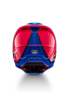 Alpinestars S-M5 Sail ECE 22.06 helm, motorcrosshelm, roze en blauw, achteraanzicht met ventilatieopeningen en ECE-certificering.