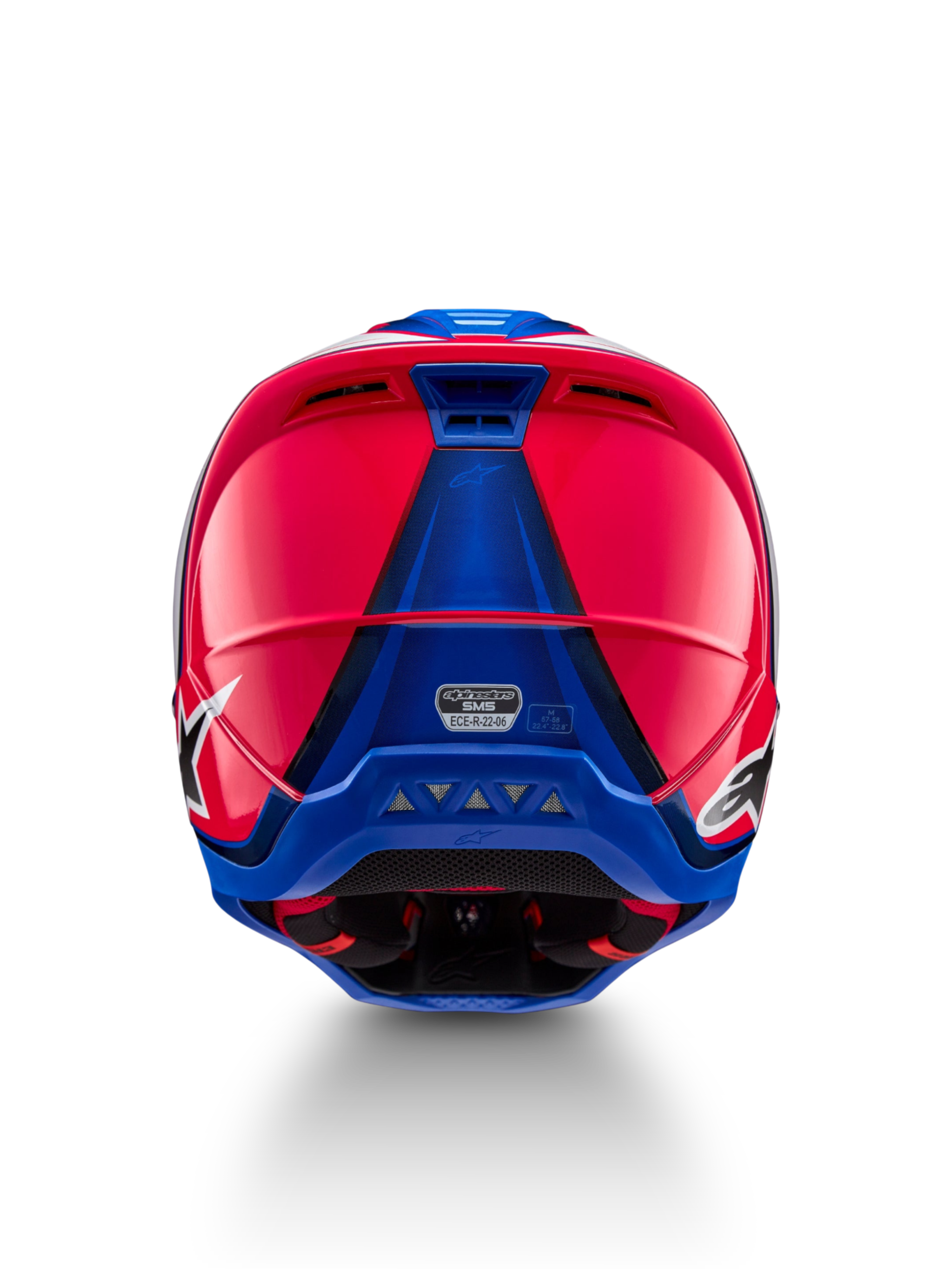 Alpinestars S-M5 Sail ECE 22.06 helm, motorcrosshelm, roze en blauw, achteraanzicht met ventilatieopeningen en ECE-certificering.