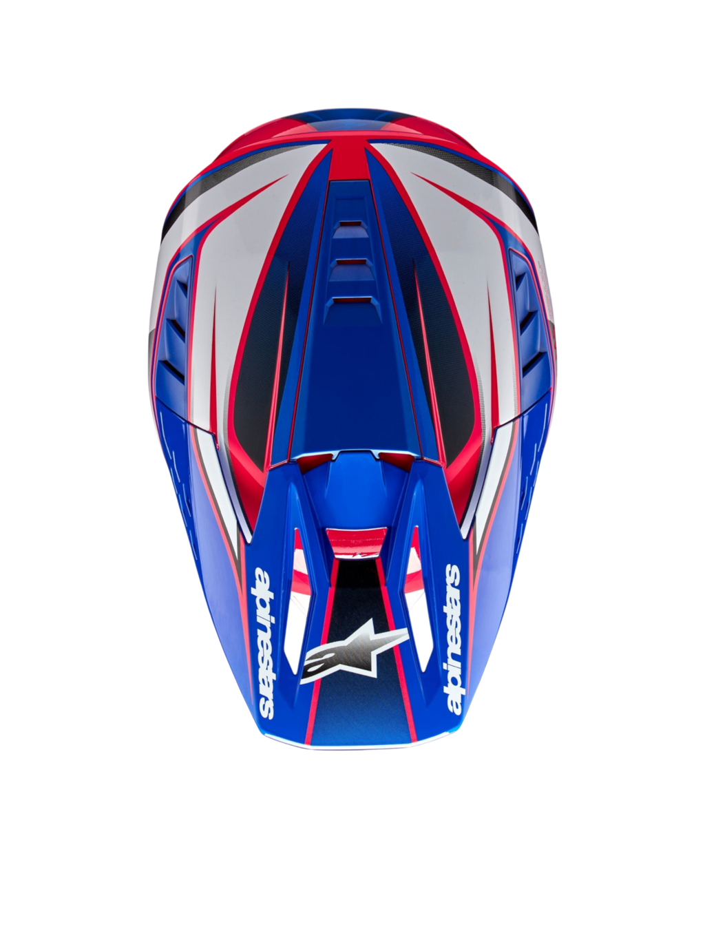 Alpinestars S-M5 Sail helm, motocrosshelm, email blauw, wit en diva roze, bovenaanzicht, ECE 22.06-gecertificeerd.