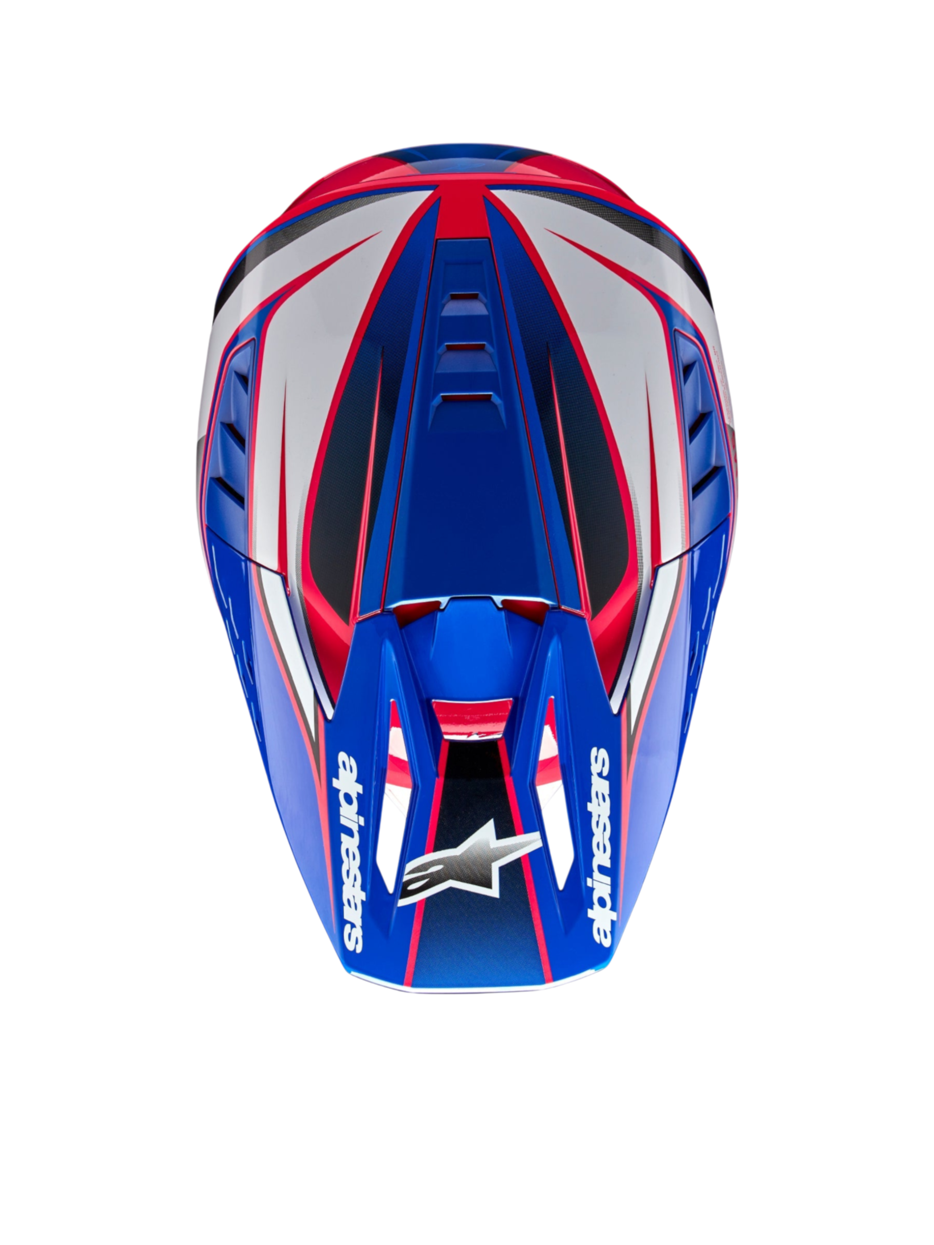 Alpinestars S-M5 Sail helm, motocrosshelm, email blauw, wit en diva roze, bovenaanzicht, ECE 22.06-gecertificeerd.