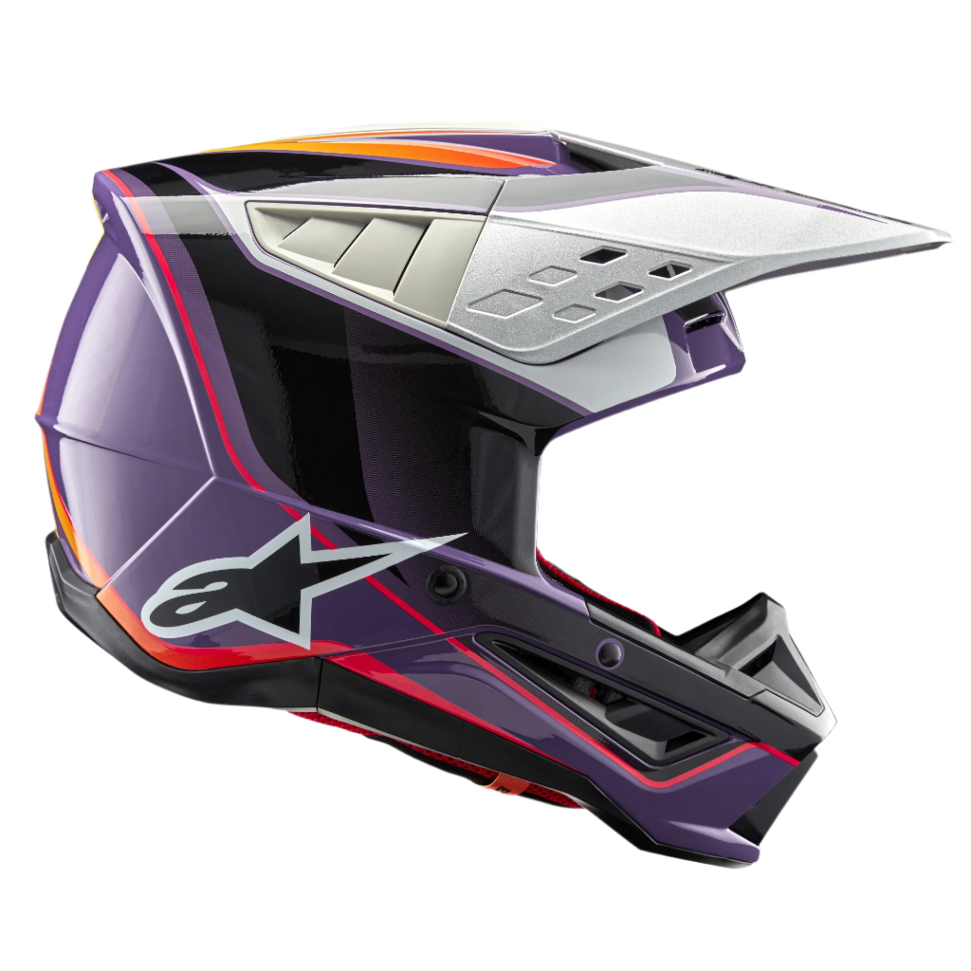 Alpinestars S-M5 Sail Helm ECE, motorcrosshelm, paars, zwart en zilver glanzend, met opvallende oranje en rode graphics, zilver geventileerd vizier, aerodynamische schaal met wit sterlogo, professionele off-road racebescherming