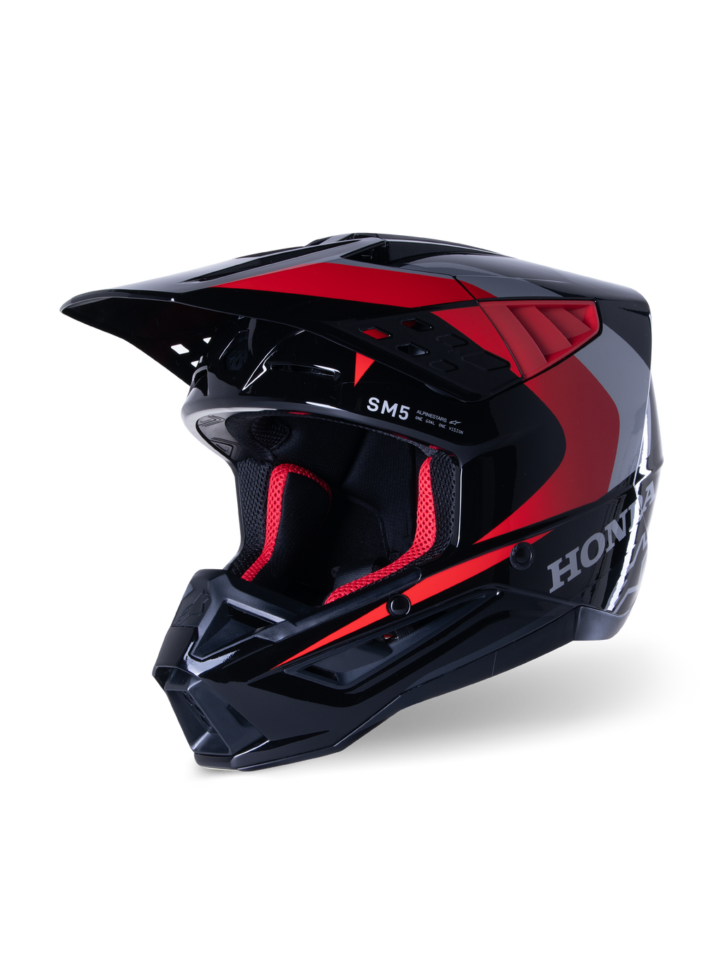 Alpinestars Honda S-M5 Helm, motorcrosshelm, zwart rood glanzend, voorzien van zilveren Honda-graphics en SM5-logo, aerodynamisch profiel met grote luchtinlaten en een verstelbare klep, ontworpen voor off-road racing